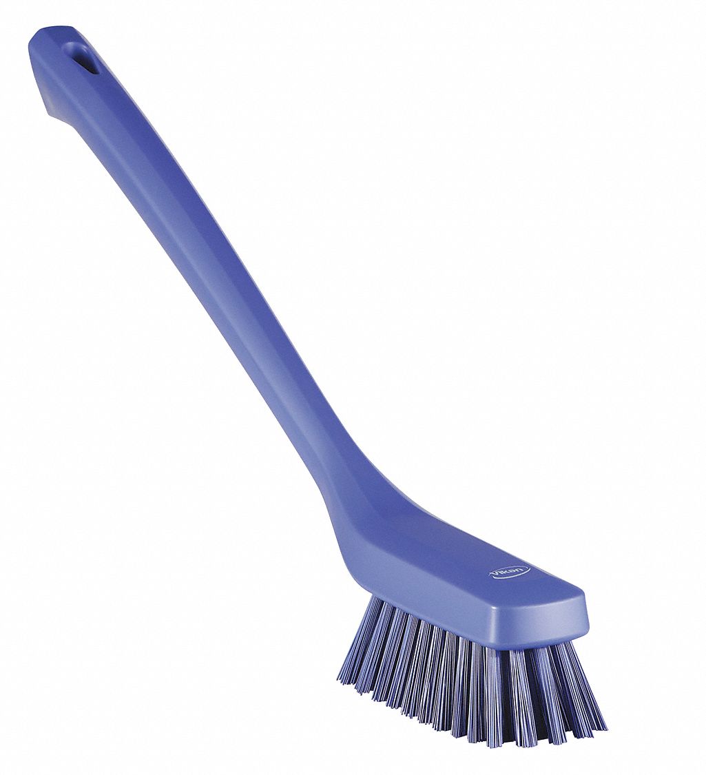 SCRUB BRUSH, STIFF, PLASTIC, 4⅜ IN BRUSH L, 12 IN HANDLE L, 1⅞ IN HEAD W, PURPLE