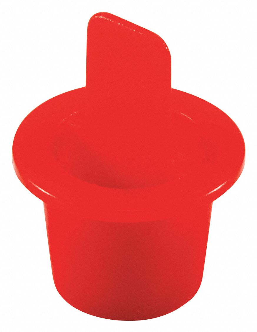 Center Pull-Tab Tapered Plug: LDPE, For 0.331 in to 0.397 in Hole, Red, 0.38 in Plug Lg, 1, 000 PK