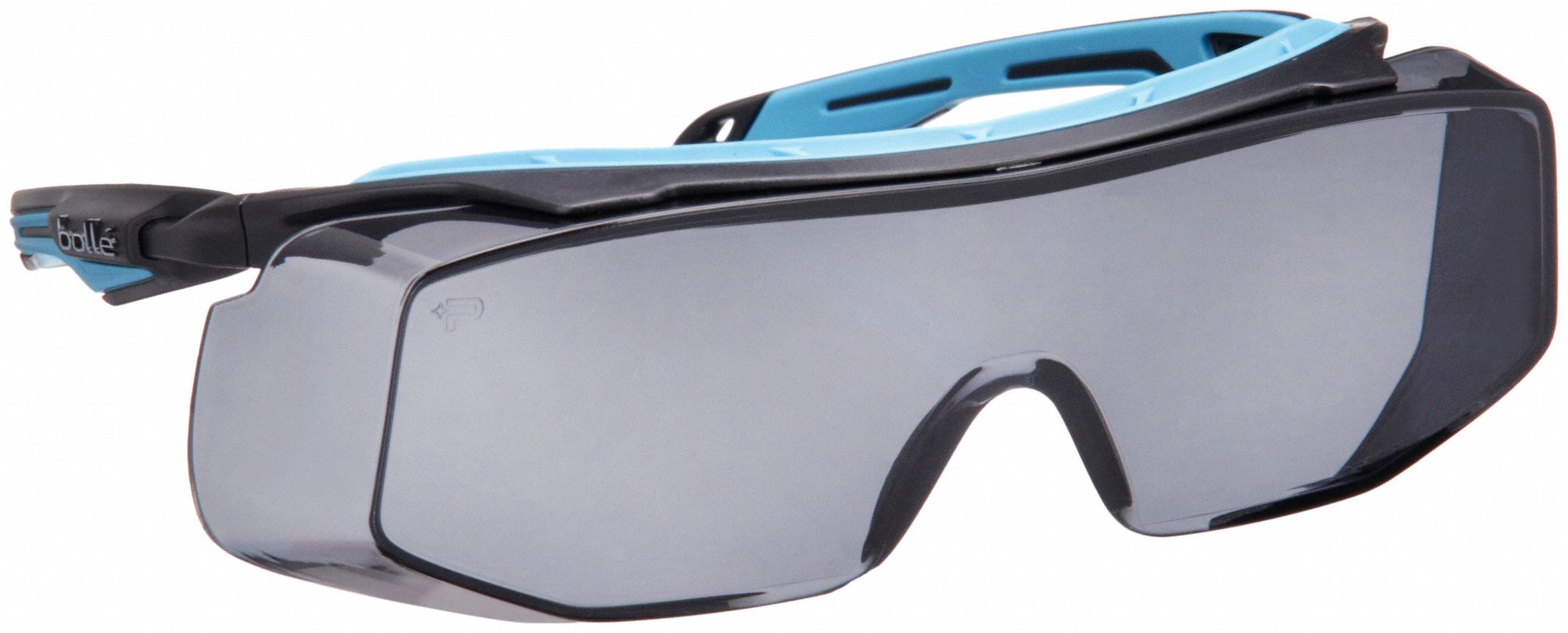 Safety Glasses: Gray Lens Color, Half-Frame, Platinum, Black/Blue Frame Color
