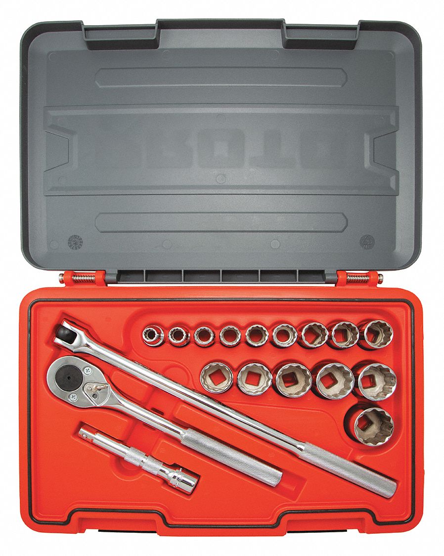 SOCKET SET,1/2IN DRIVE,18 PCS.,12 POINT
