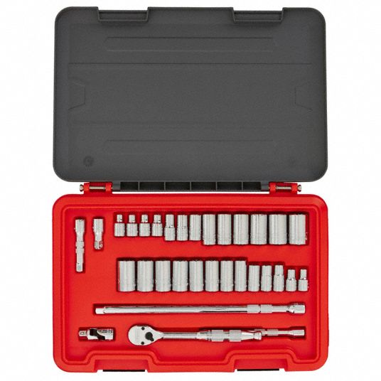 Proto Socket Set: 3 8 In Drive Size, 32 Pieces, 1 4 In To 7 8 In, 8 Mm 