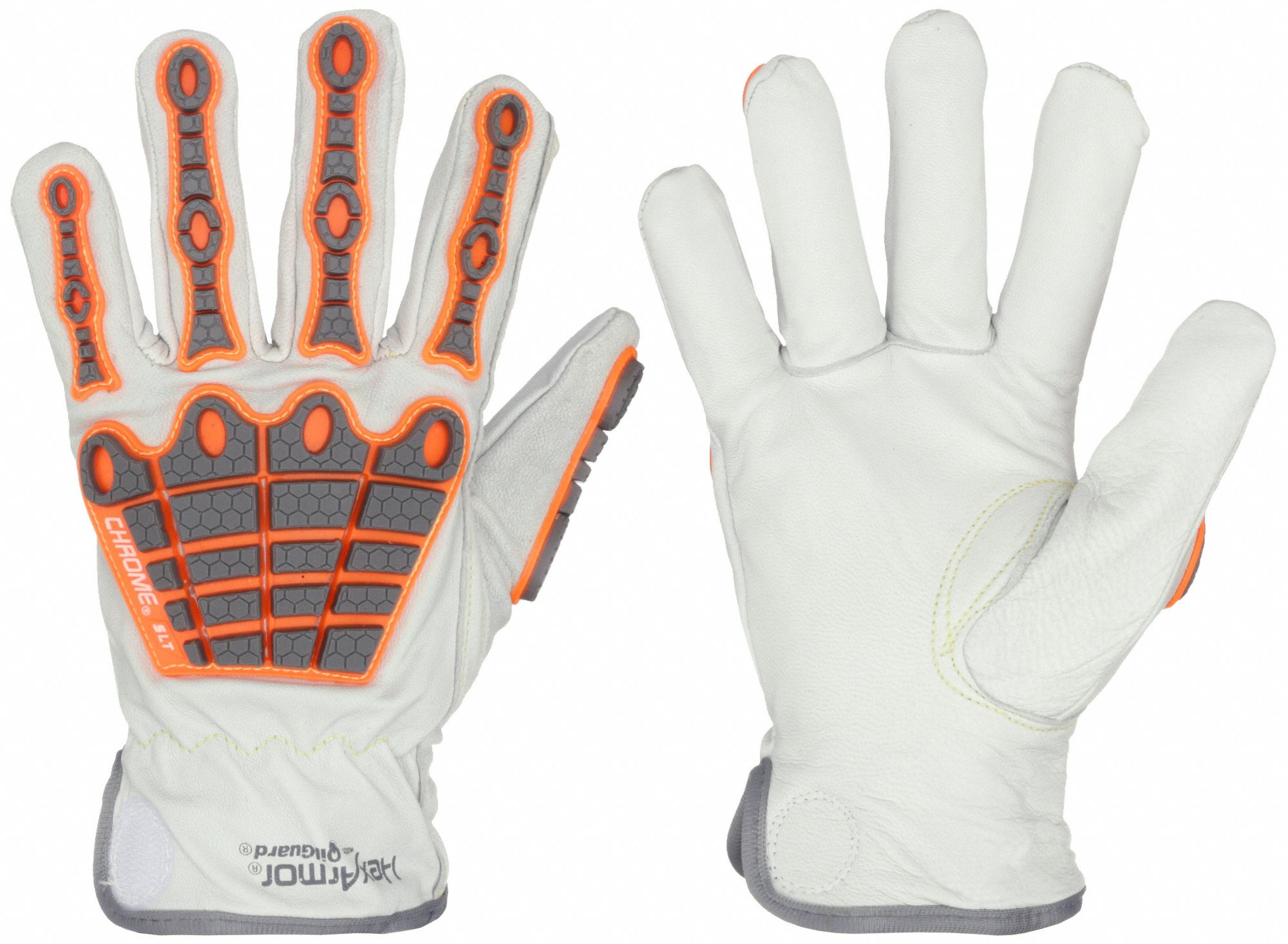 LEATHER GLOVES, L, SHIRRED ELASTIC WRIST, SLIP-ON CUFF, GRY/ORN/WHT, GOATSKIN