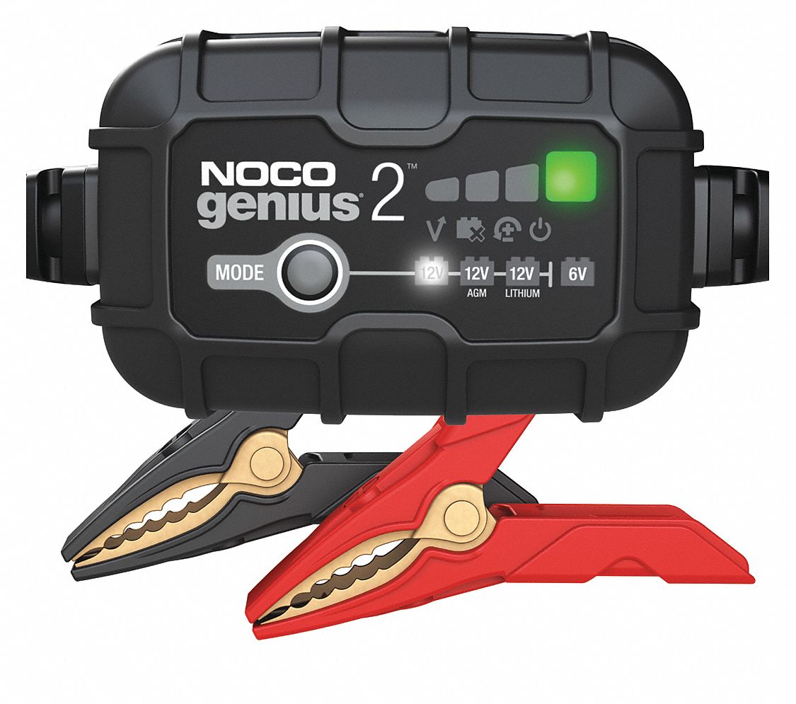 Battery Charger: Charging/Maintaining, Auto, Auto On/Off, 6.4 ft Cable Lg, 2 A @ 12V/2 A @ 6V