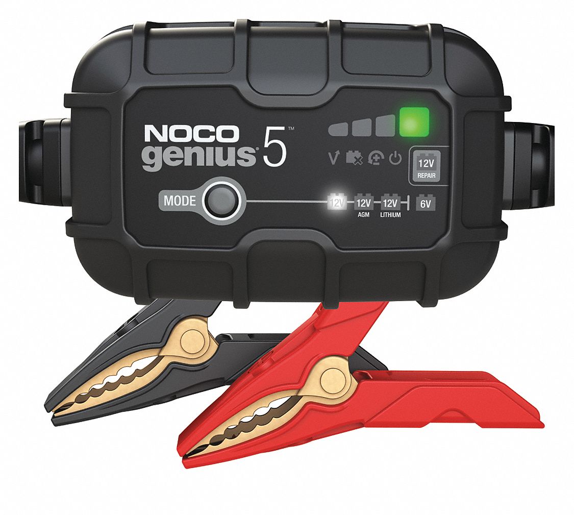 Battery Charger: Charging/Maintaining, Auto, Auto On/Off, 6.4 ft Cable Lg, 5 A @ 12V/5 A @ 6V