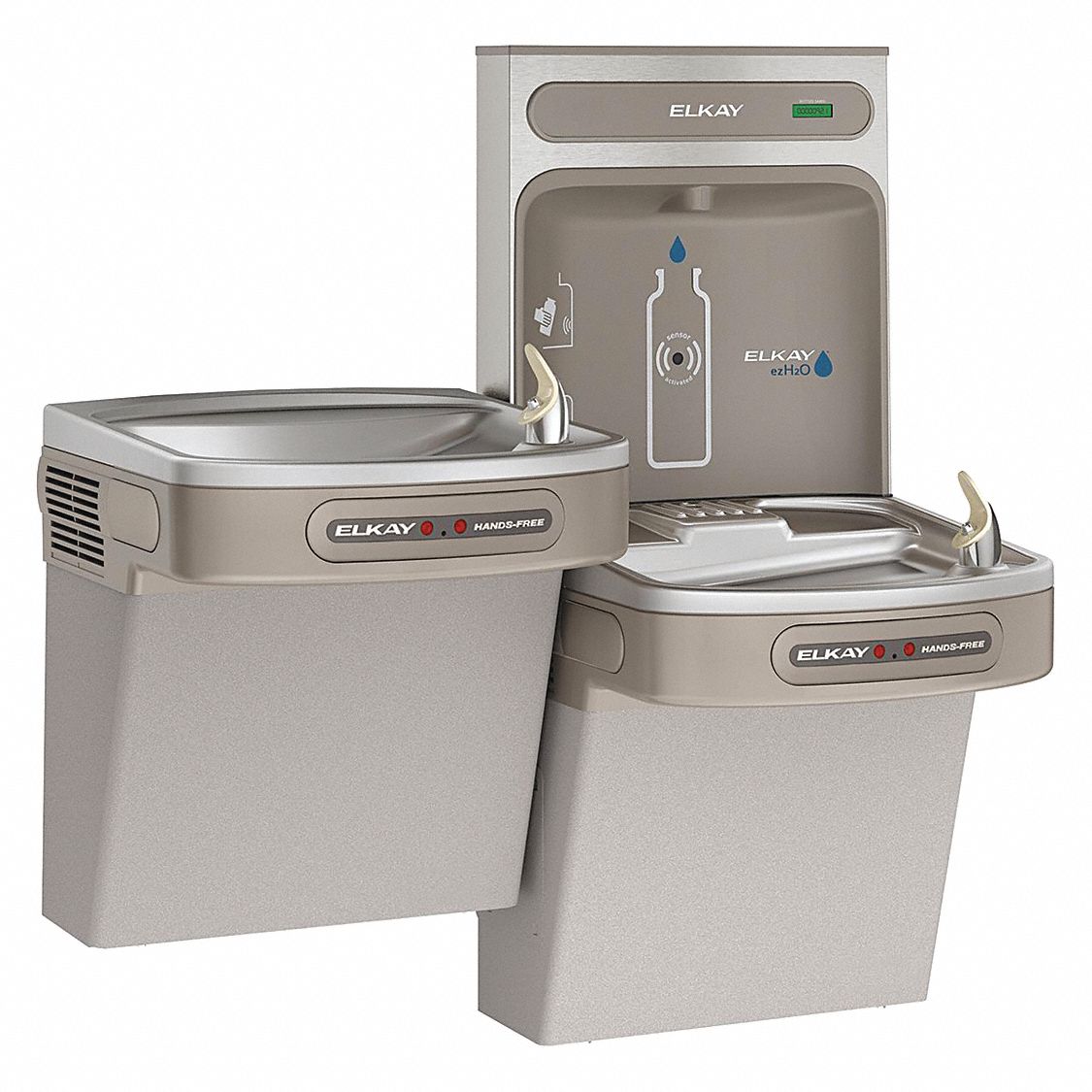 Bi-Level Drinking Fountain with Bottle Filler: On-Wall, 8 gph @ 50°F, Touchless Sensor, Gray