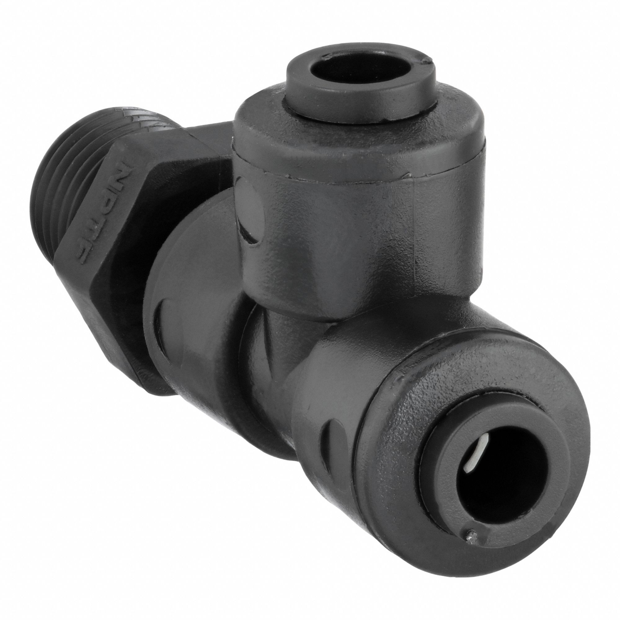 Push-Fit Tee Fitting: Tee, 1/4 in Pipe x 1/4 in OD x 1/4 in OD Size, PVDF