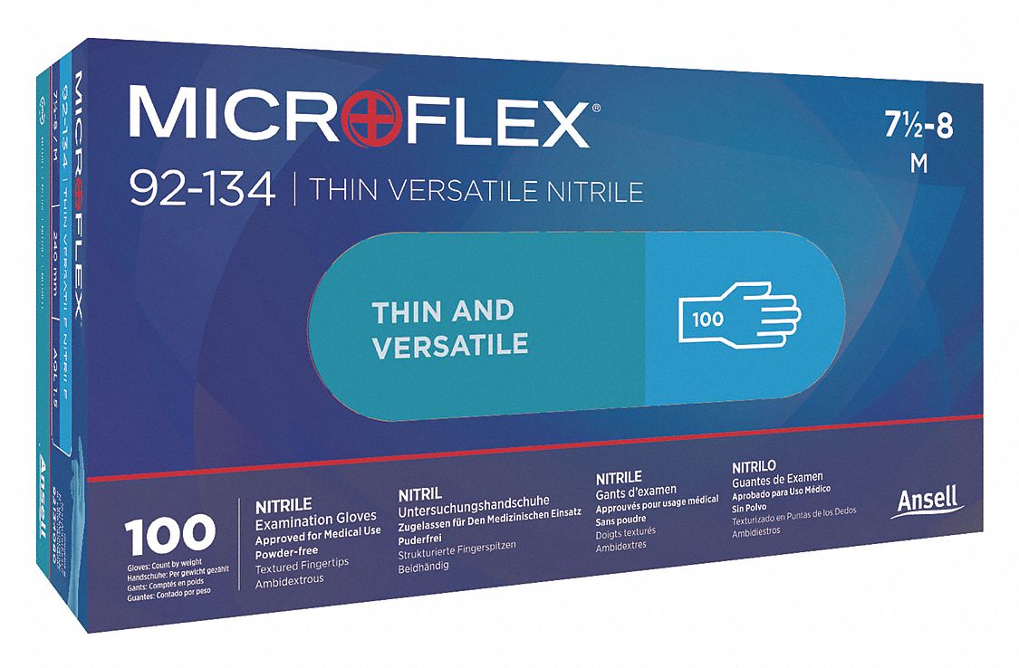 DISPOSABLE GLOVES, M (8), 3 MIL, POWDER-FREE, NITRILE, GRAIN, FINGERTIPS, BL, 100 PK