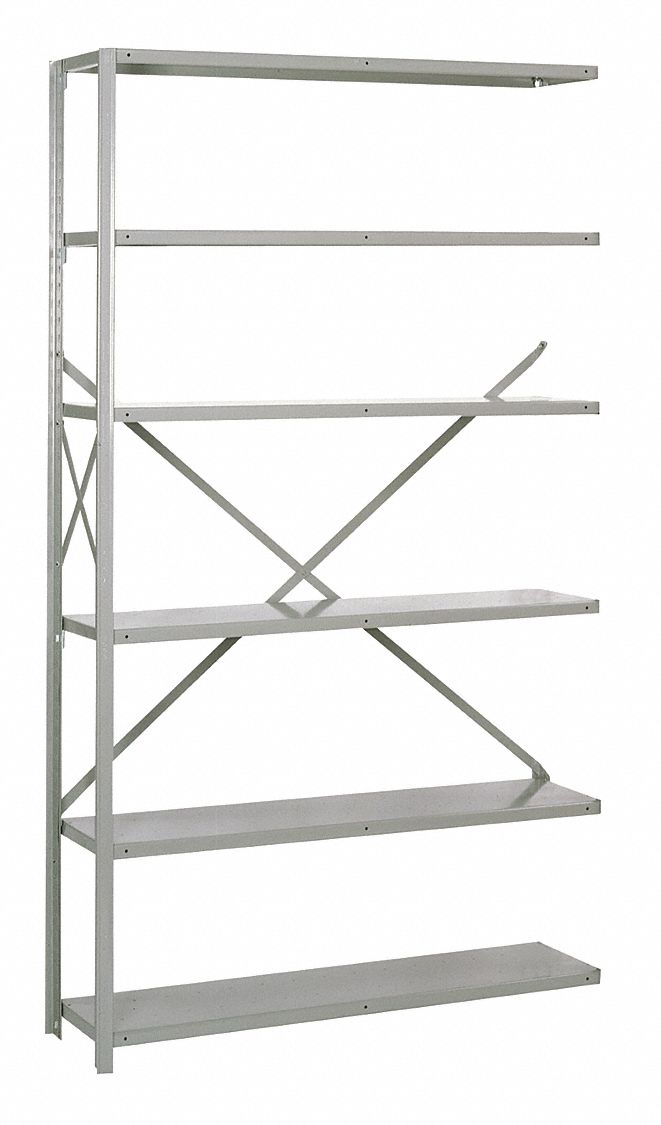 Steel, Clip Adjustable Shelving: Add-On, Heavy-Duty, 48 in x 12 in, 84 in Overall Ht, 6 Shelves