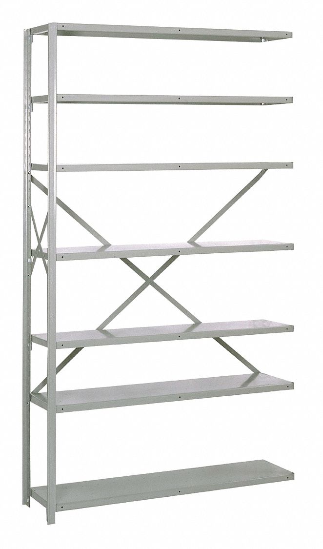 Steel, Clip Adjustable Shelving: Add-On, Heavy-Duty, 48 in x 12 in, 84 in Overall Ht, 7 Shelves
