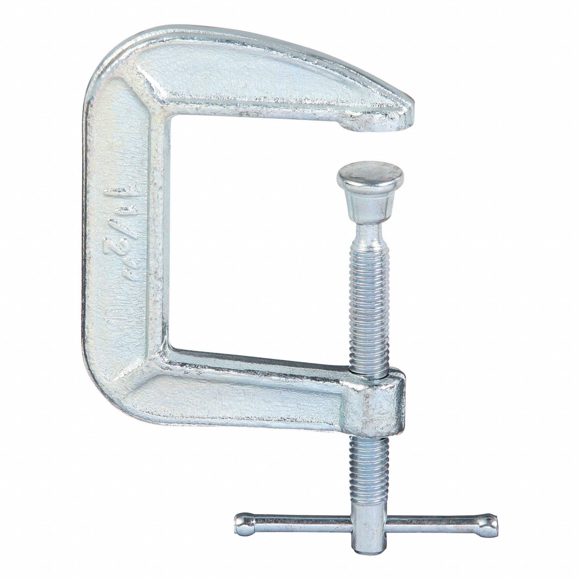 C-Clamp: Light Duty, Flat, Swivel, Sliding T Handle, 0 in – 1 1/2 in Jaw Opening, Galvanized