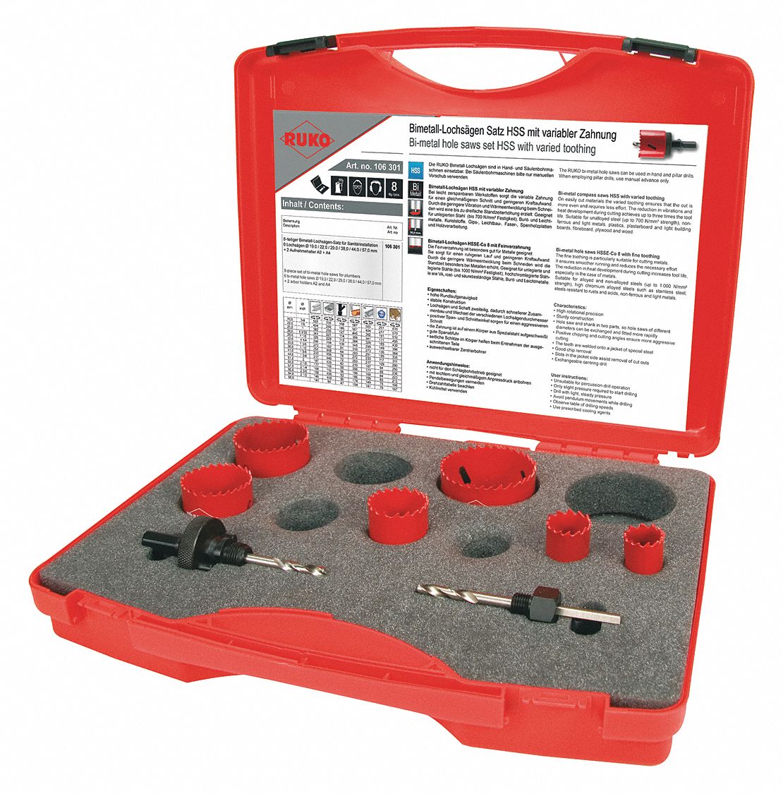 Hole Saw Kit: 8 Pieces, 38 mm Max. Cutting Dp, High Speed Steel, 7 Teeth per Inch