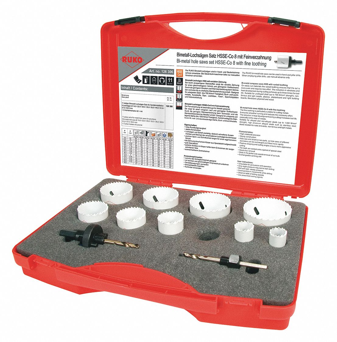 Hole Saw Kit: 11 Pieces, 38 mm Max. Cutting Dp, High Speed Steel, 7 Teeth per Inch