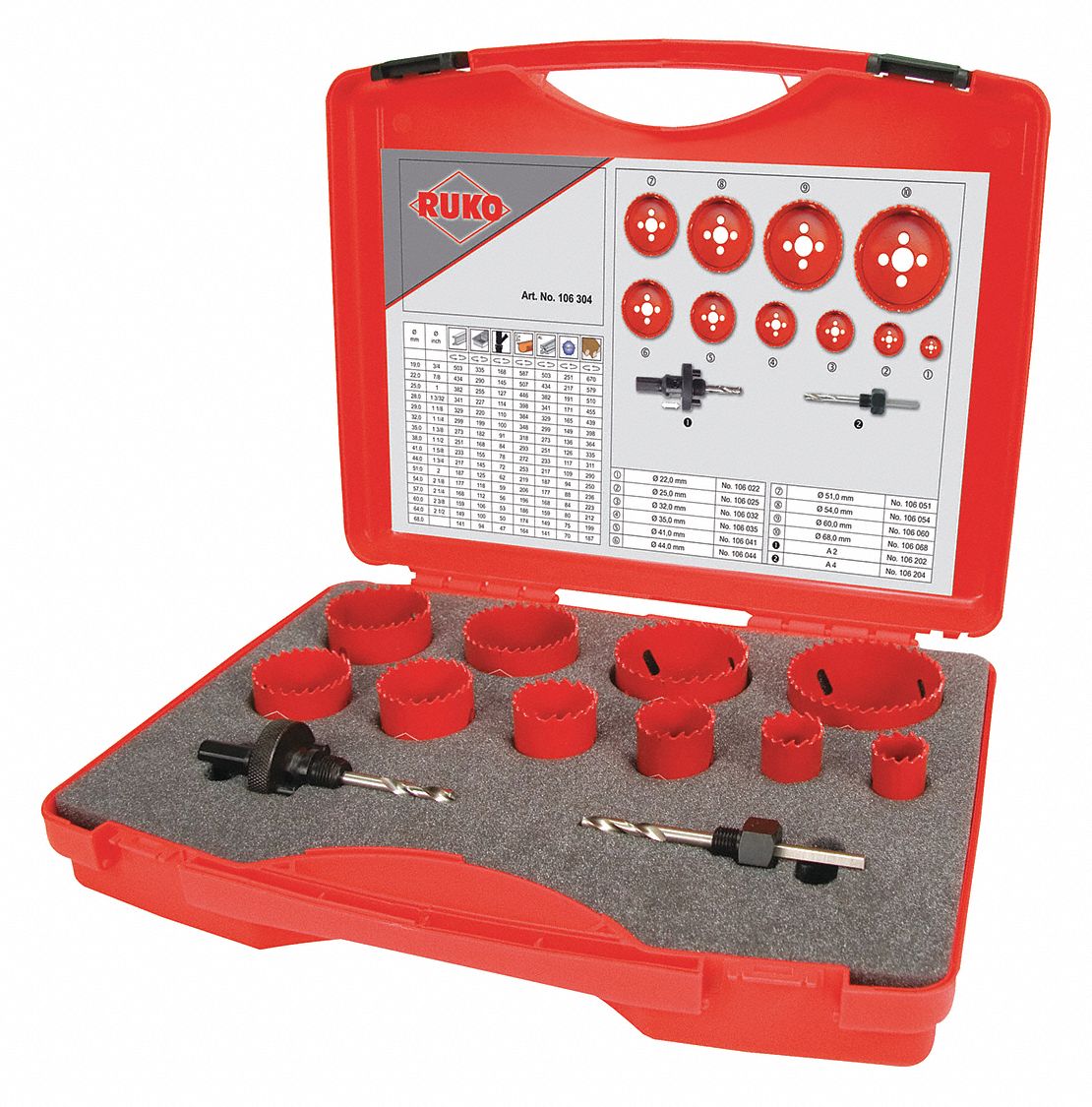 Hole Saw Kit: 12 Pieces, 38 mm Max. Cutting Dp, High Speed Steel, 7 Teeth per Inch
