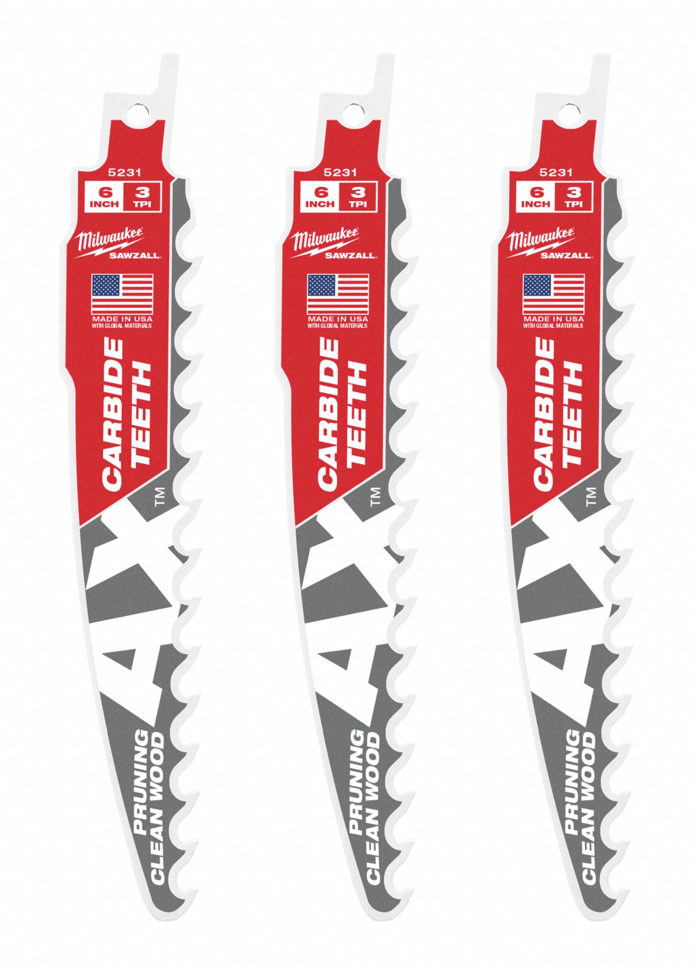 Reciprocating Saw Blade: 3 Teeth per Inch, 6 in Blade Lg, 0.05 in Blade Thick, Wood, 3 PK