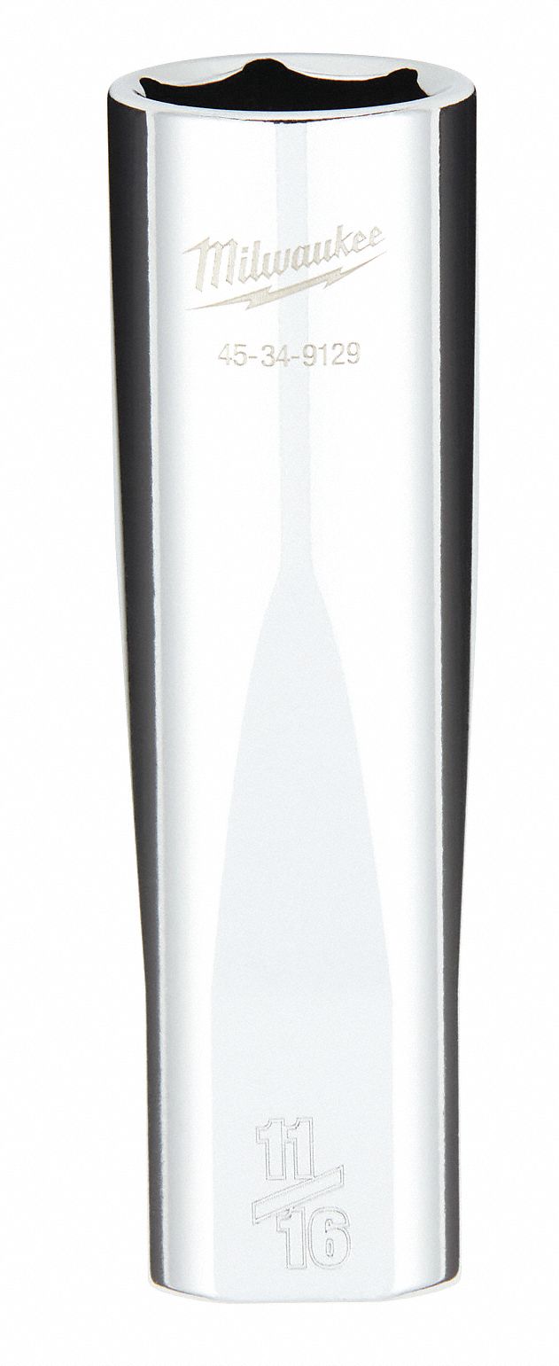 Deep Well Socket: SAE, 1/2 in Drive Size, 11/16 in Socket Size, 6-Point, Deep, Chrome