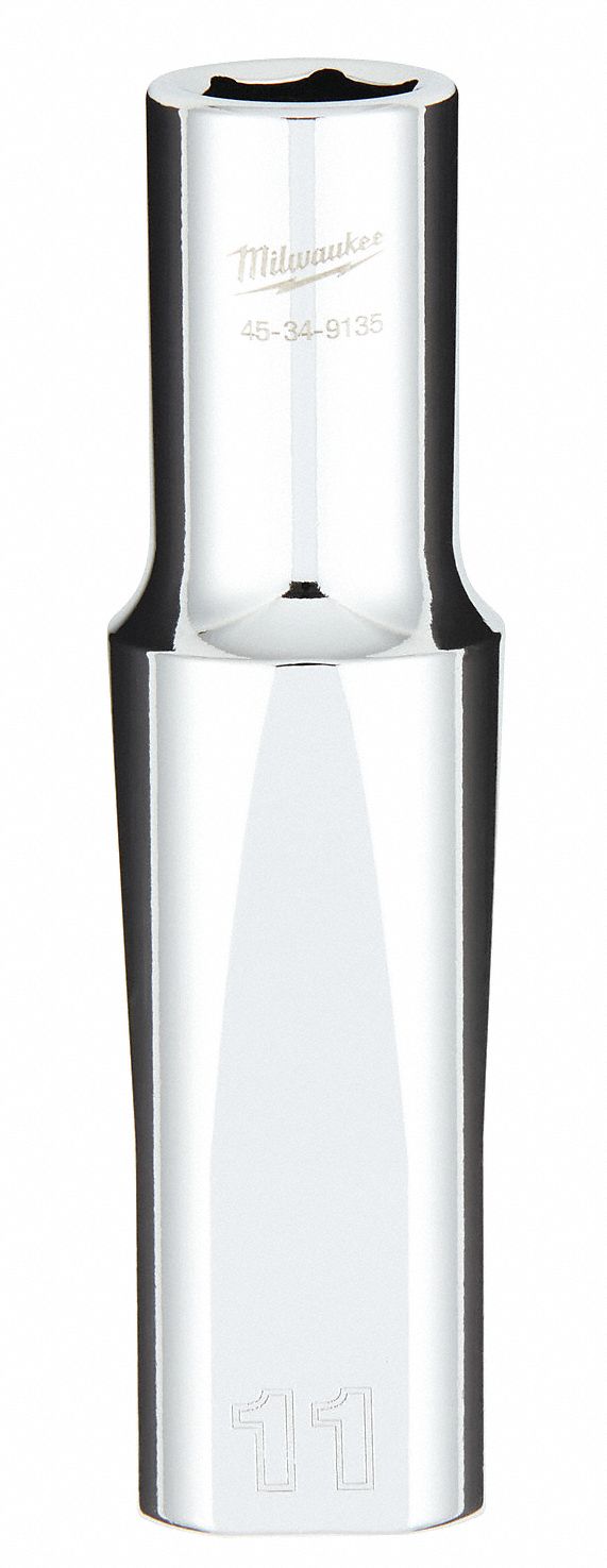 Deep Well Socket: Metric, 1/2 in Drive Size, 11 mm Socket Size, 6-Point, Deep, Chrome