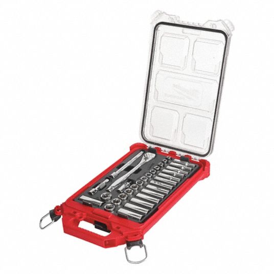 MILWAUKEE PACKOUT, 3/8 in Drive Size, 32 Pieces, Ratchet & Socket Set ...