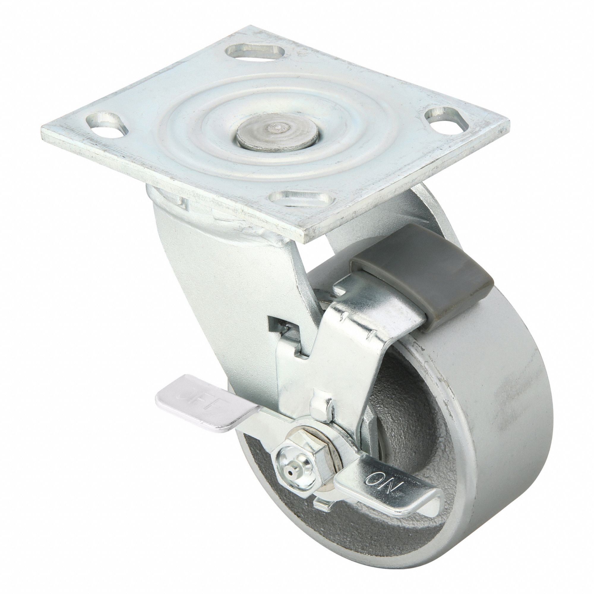 Plate Caster: Swivel, Side Brake, Iron, 4 in Wheel Dia, 2 in Wheel Wd, 5 5/8 in Mounting Ht