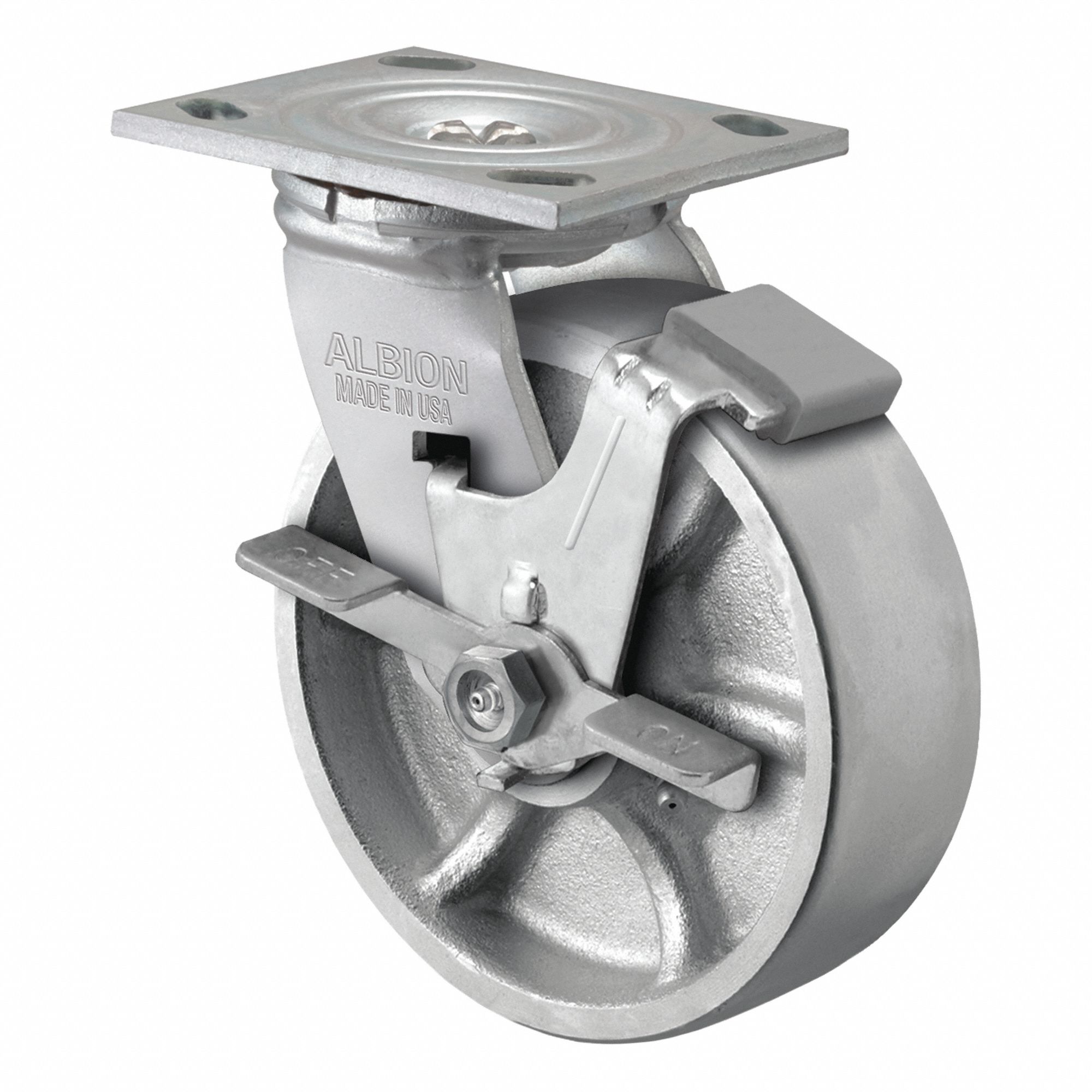 Plate Caster: Swivel, Side Brake, Iron, 8 in Wheel Dia, 2 in Wheel Wd, 9 1/2 in Mounting Ht