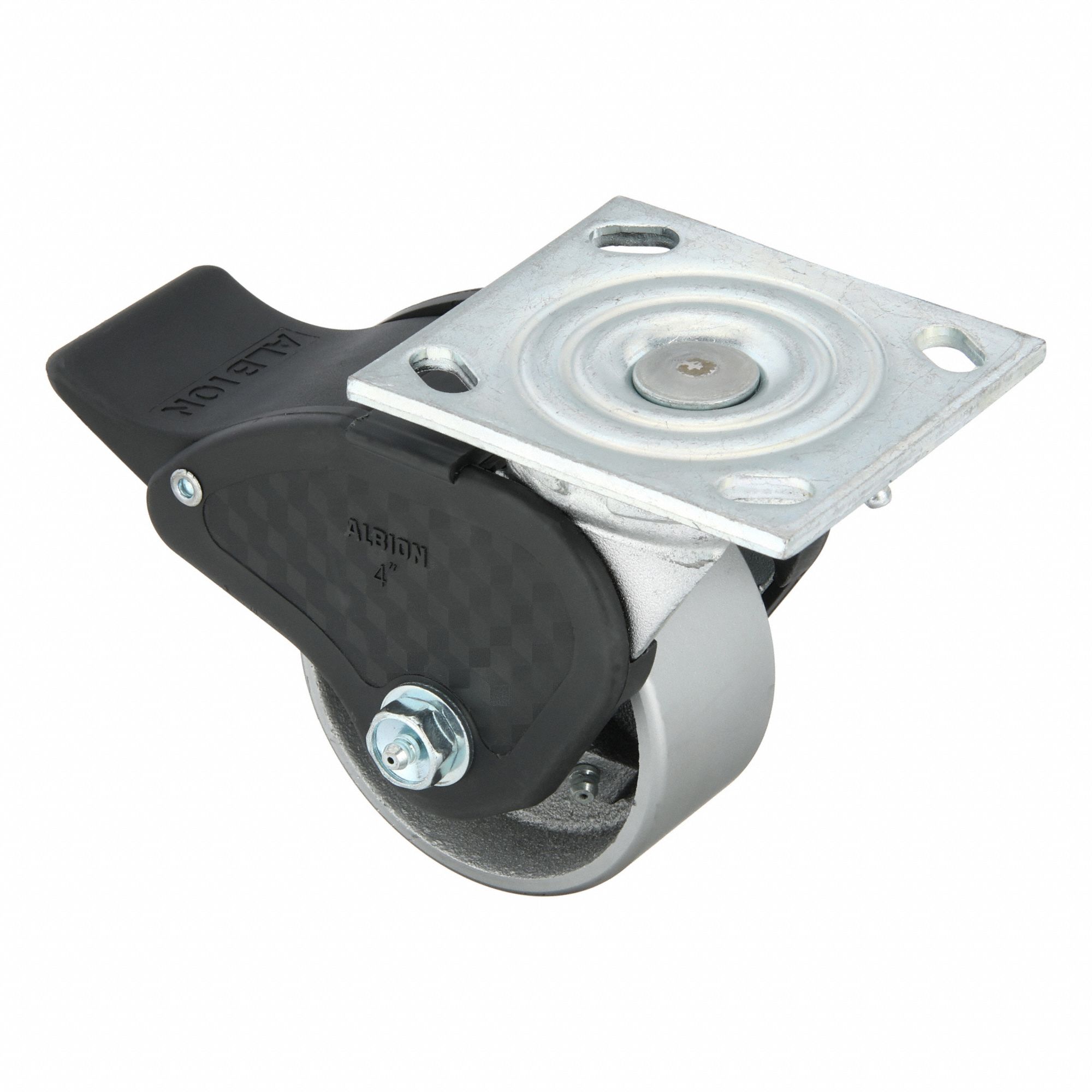 Plate Caster: Swivel, Total Lock, Iron, 4 in Wheel Dia, 2 in Wheel Wd, 5 5/8 in Mounting Ht