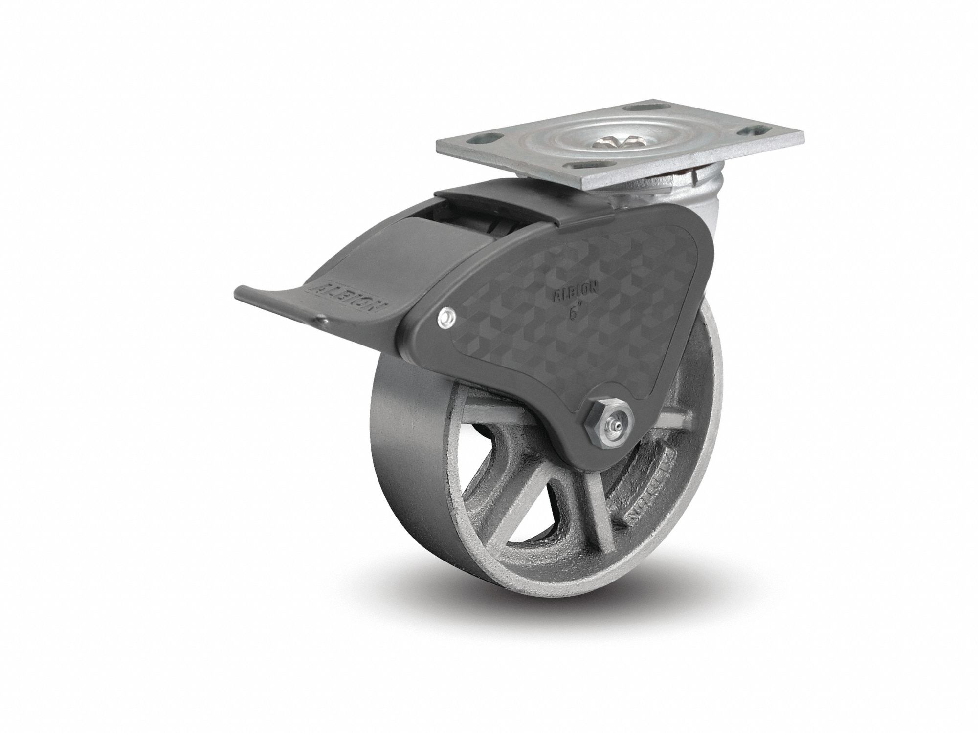Plate Caster: Swivel, Total Lock, Iron, 8 in Wheel Dia, 2 in Wheel Wd, 9 1/2 in Mounting Ht