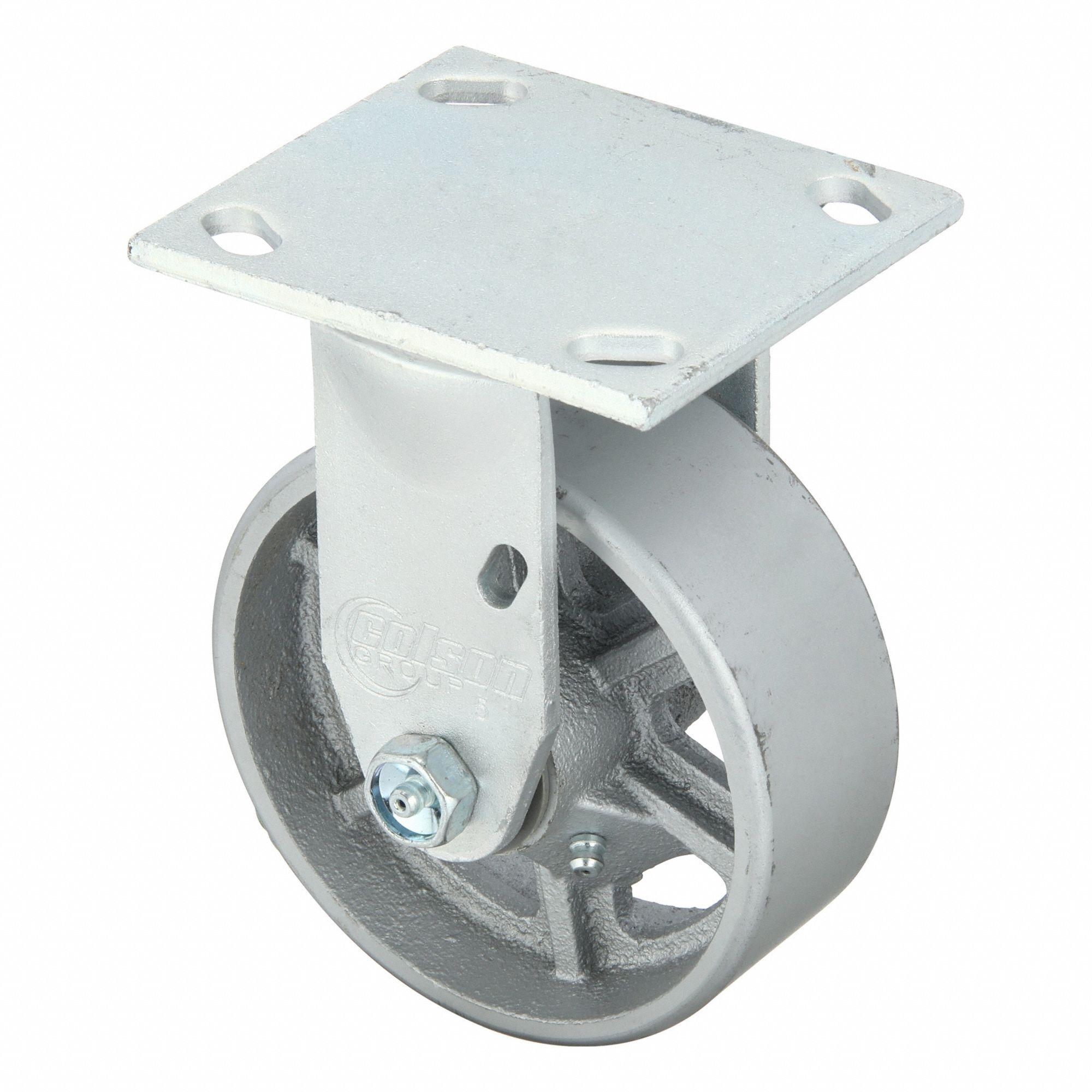 Plate Caster: Rigid, No Brake, Iron, 5 in Wheel Dia, 2 in Wheel Wd, 6 1/2 in Mounting Ht