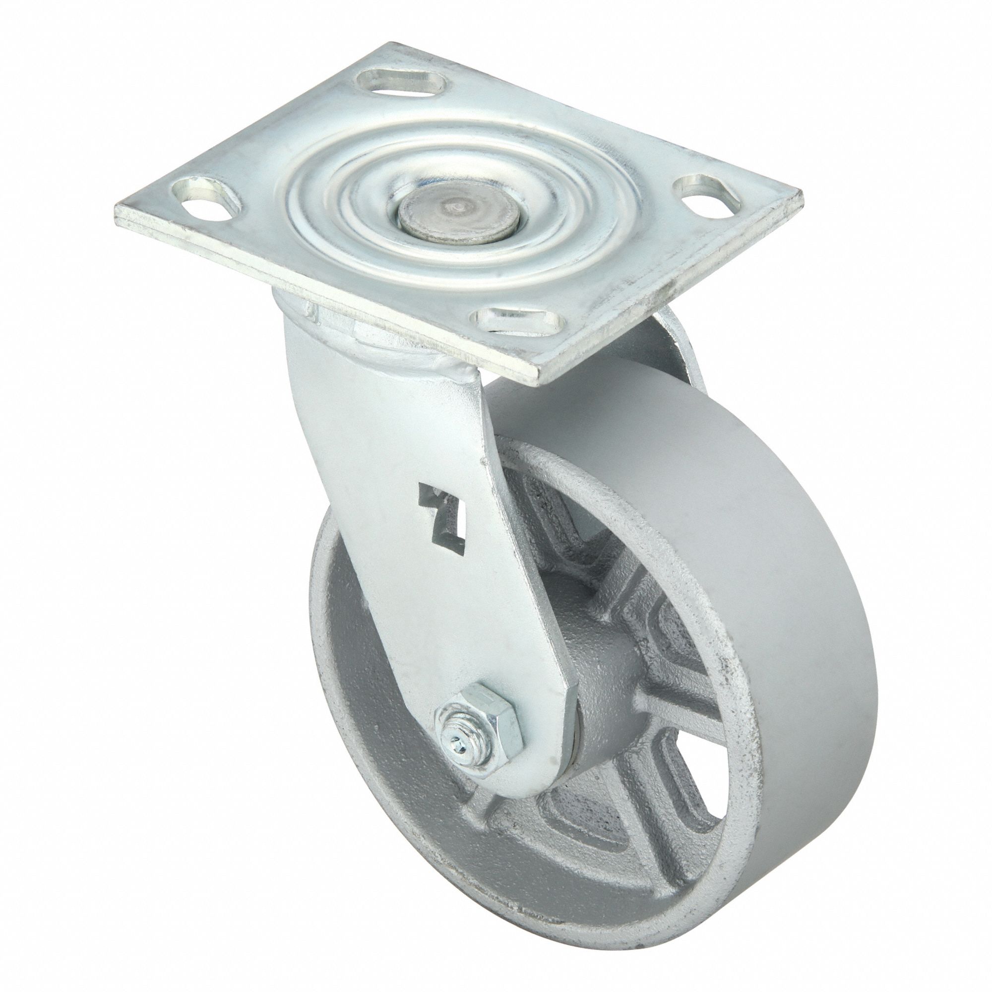 Plate Caster: Swivel, No Brake, Iron, 5 in Wheel Dia, 2 in Wheel Wd, 6 1/2 in Mounting Ht