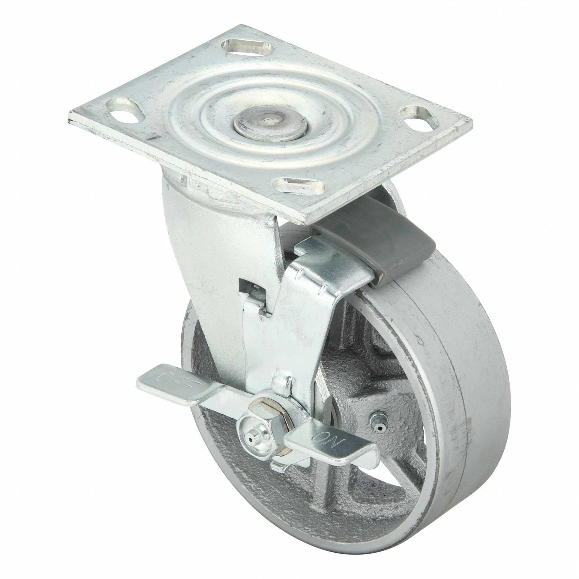 Plate Caster: Swivel, Side Brake, Iron, 5 in Wheel Dia, 2 in Wheel Wd, 6 1/2 in Mounting Ht