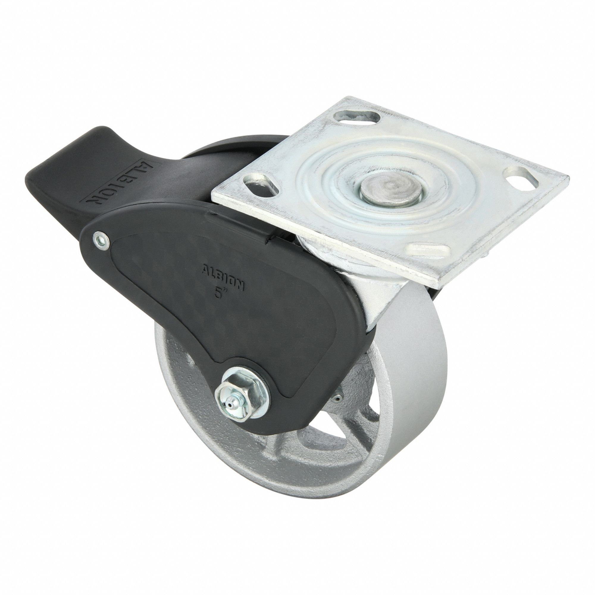 Plate Caster: Swivel, Total Lock, Iron, 5 in Wheel Dia, 2 in Wheel Wd, 6 1/2 in Mounting Ht