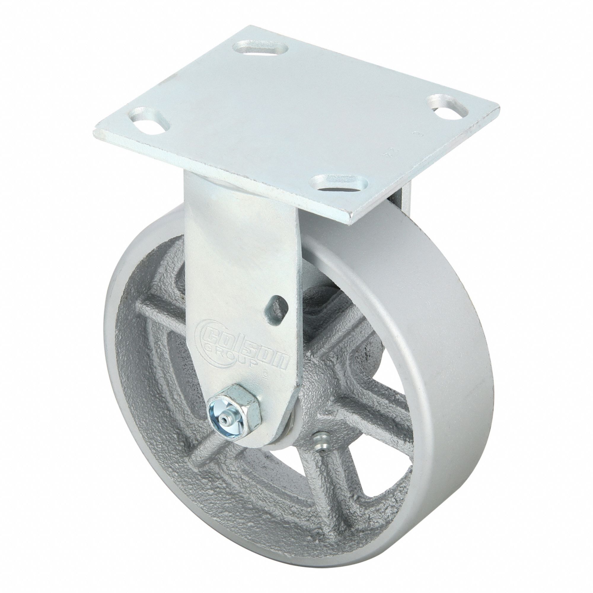 Plate Caster: Rigid, No Brake, Iron, 6 in Wheel Dia, 2 in Wheel Wd, 7 1/4 in Mounting Ht