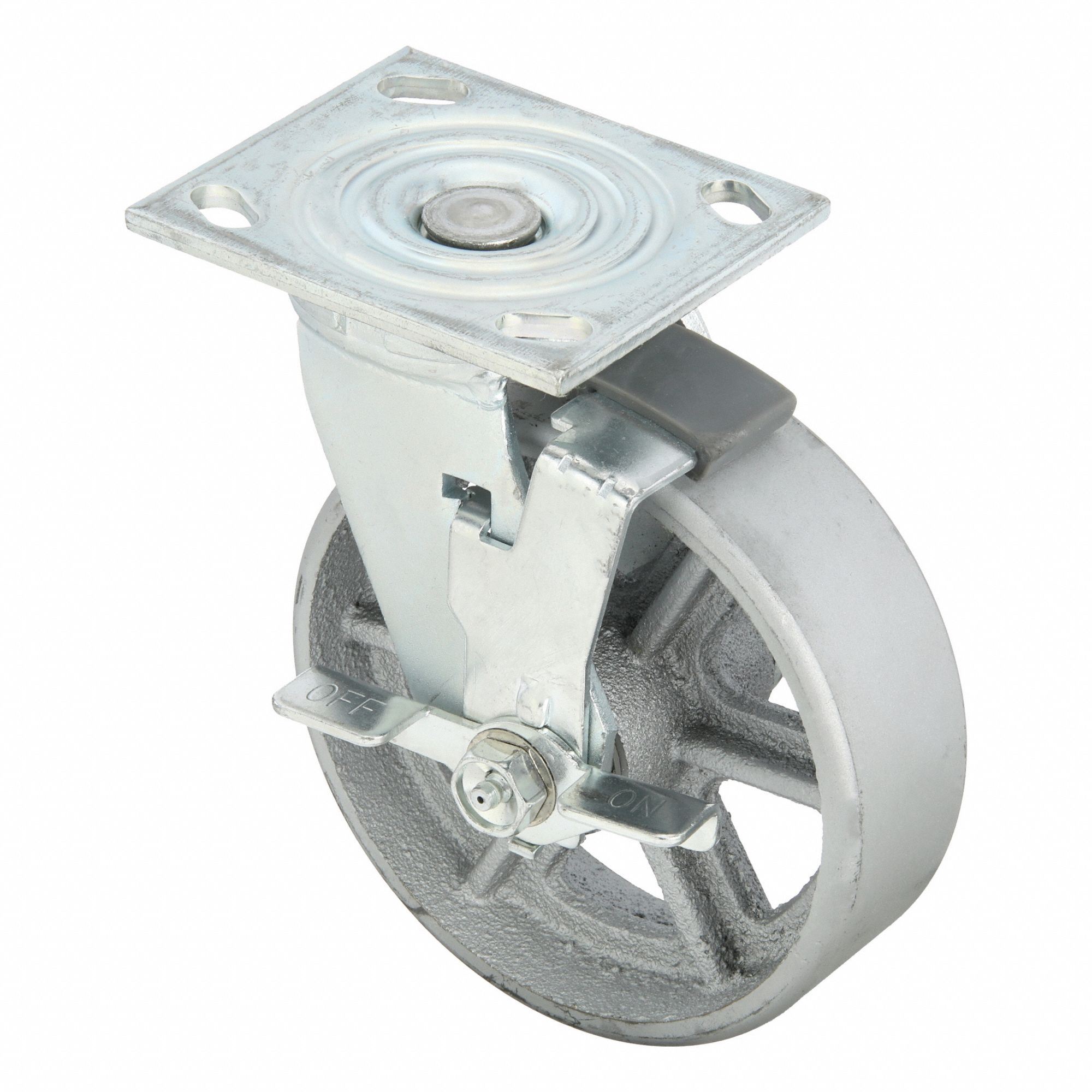 Plate Caster: Swivel, Side Brake, Iron, 6 in Wheel Dia, 2 in Wheel Wd, 7 1/4 in Mounting Ht