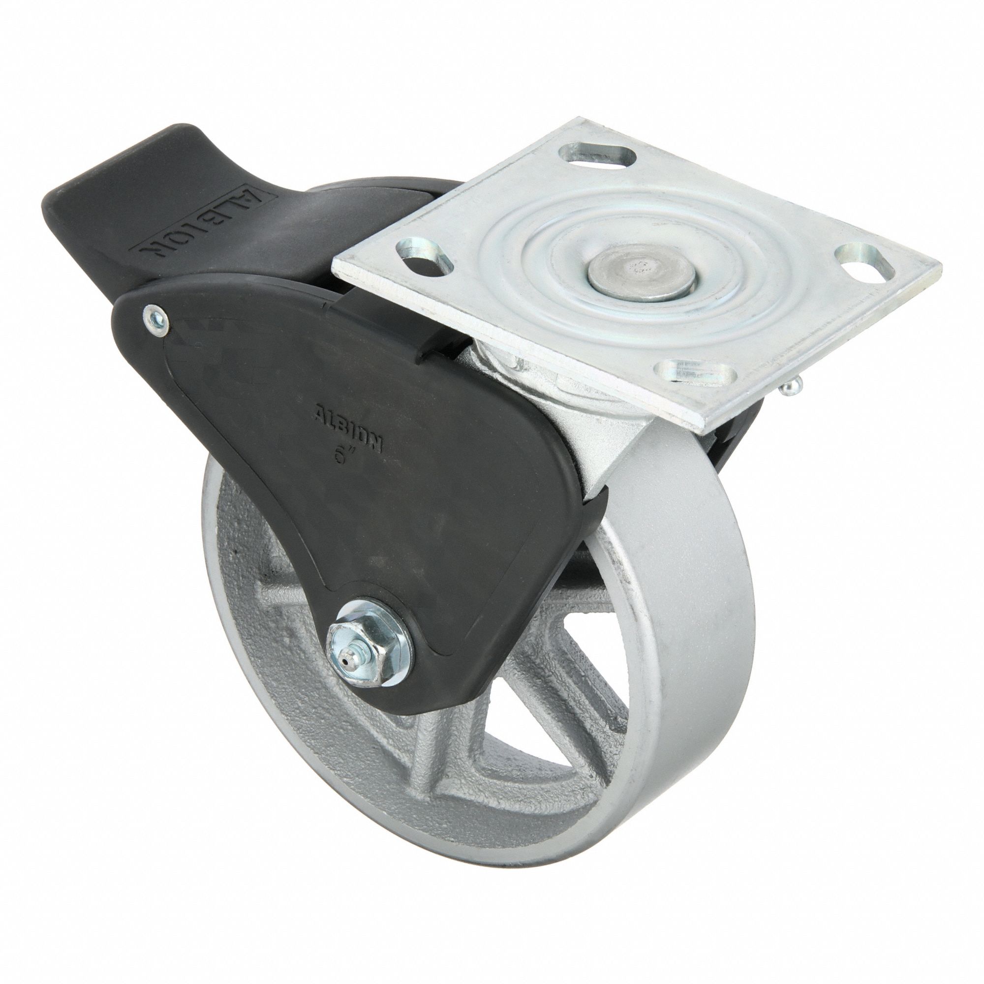 Plate Caster: Swivel, Total Lock, Iron, 6 in Wheel Dia, 2 in Wheel Wd, 7 1/4 in Mounting Ht
