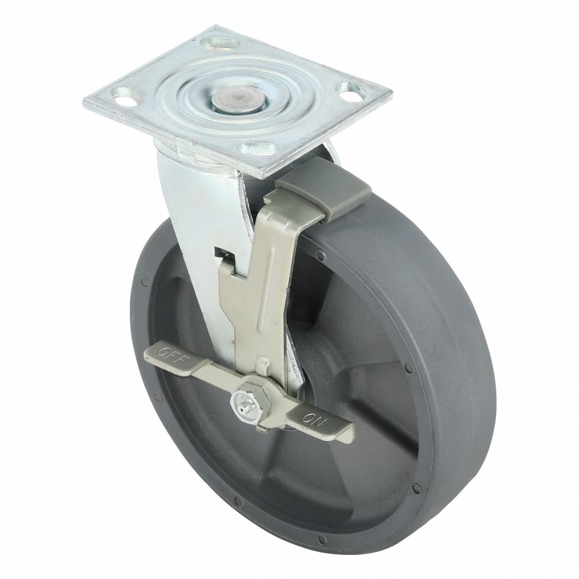 Plate Caster: Swivel, Side Brake, Nylon, 8 in Wheel Dia, 2 in Wheel Wd, 9 1/2 in Mounting Ht