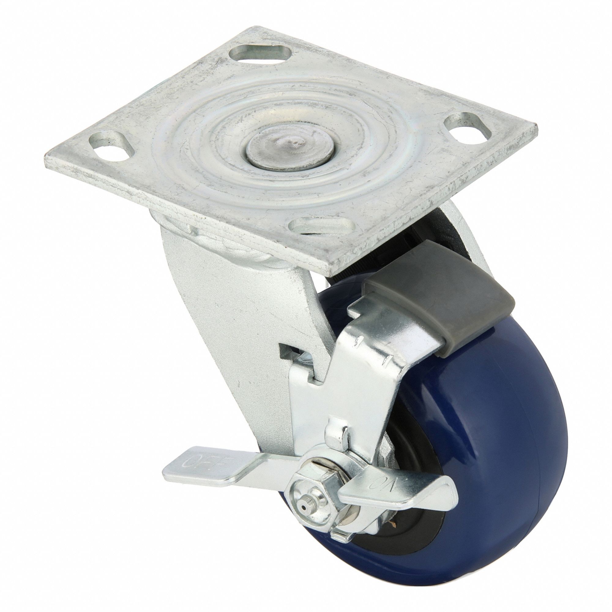Plate Caster: Swivel, Side Brake, Polyurethane, 4 in Wheel Dia, 2 in Wheel Wd, Slot, Roller