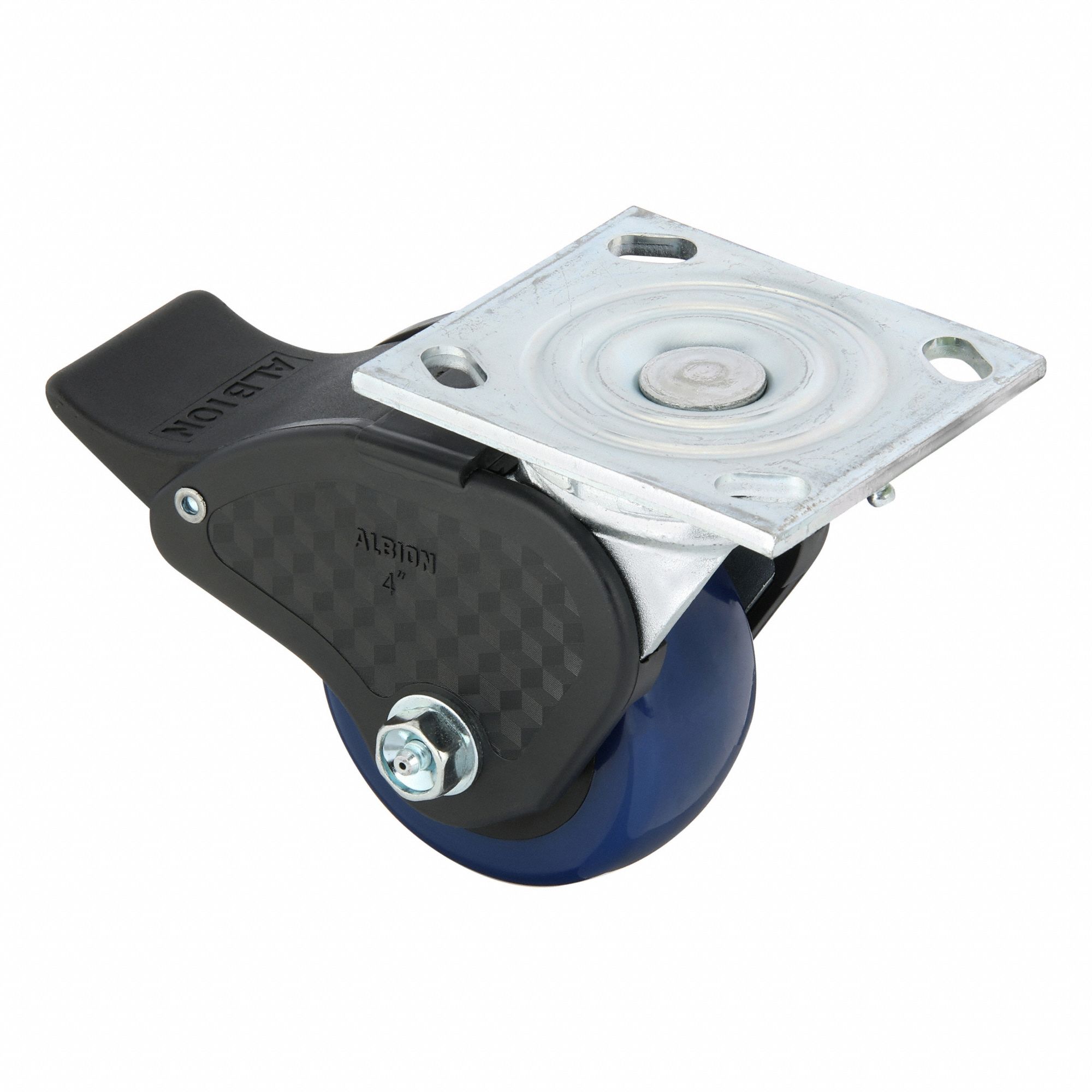 Plate Caster: Swivel, Total Lock, Polyurethane, 4 in Wheel Dia, 2 in Wheel Wd, Slot, Roller