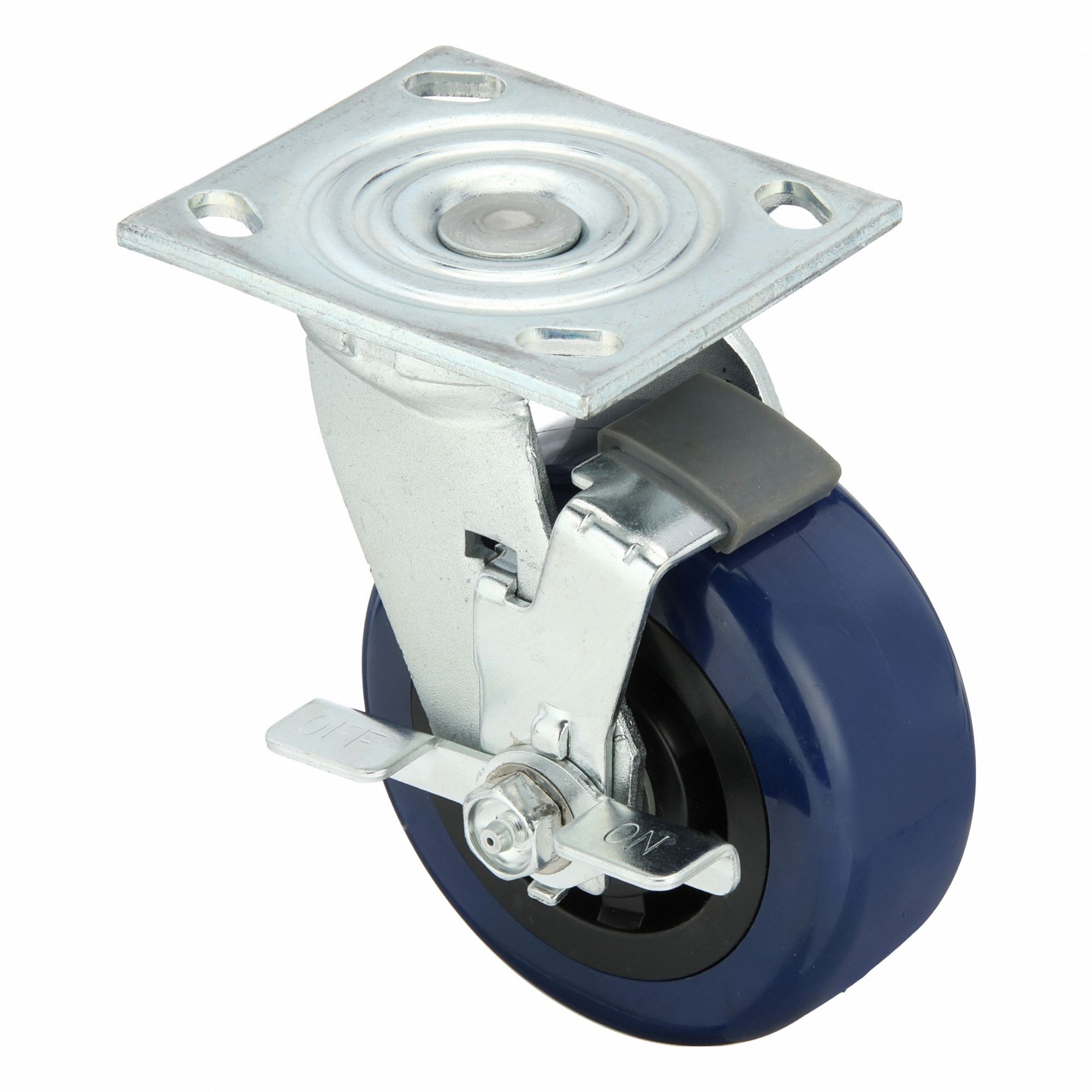 Plate Caster: Swivel, Side Brake, Polyurethane, 5 in Wheel Dia, 2 in Wheel Wd, Slot, Roller