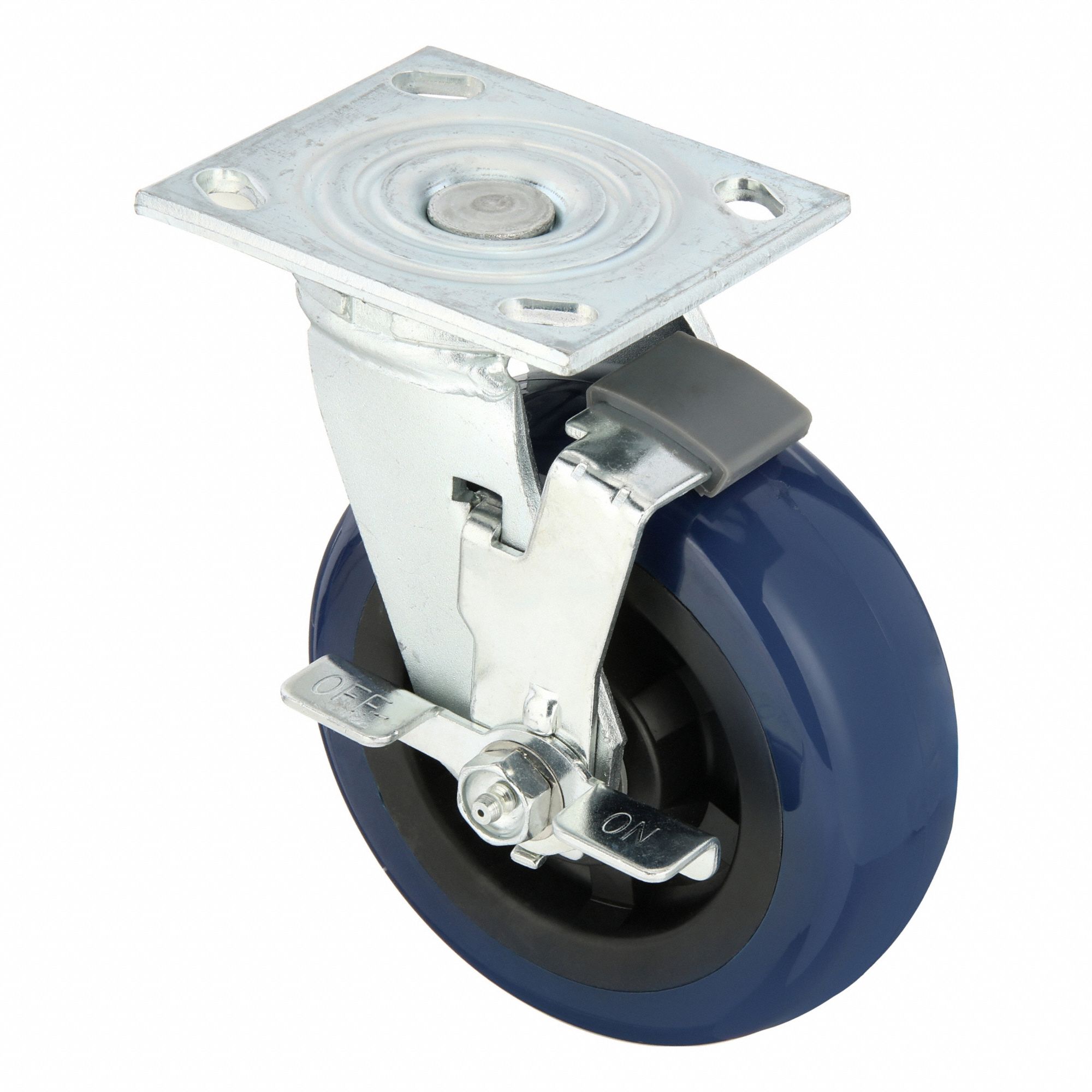 Plate Caster: Swivel, Side Brake, Polyurethane, 6 in Wheel Dia, 2 in Wheel Wd, Slot, Roller