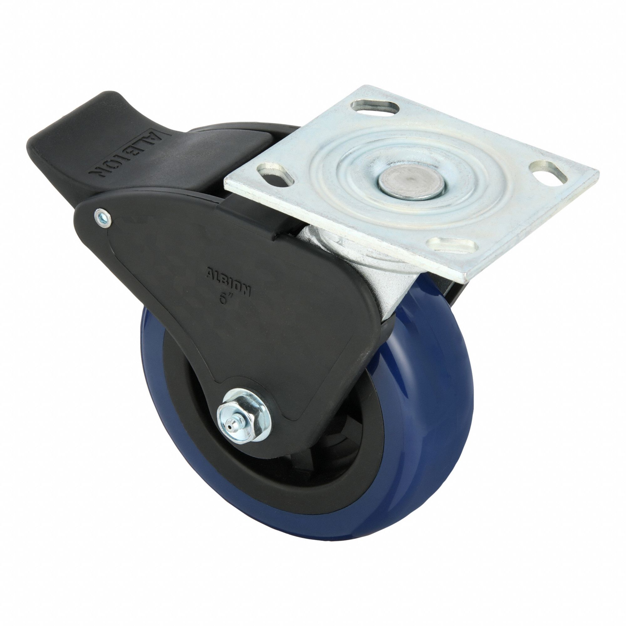 Plate Caster: Swivel, Total Lock, Polyurethane, 6 in Wheel Dia, 2 in Wheel Wd, Slot, Roller