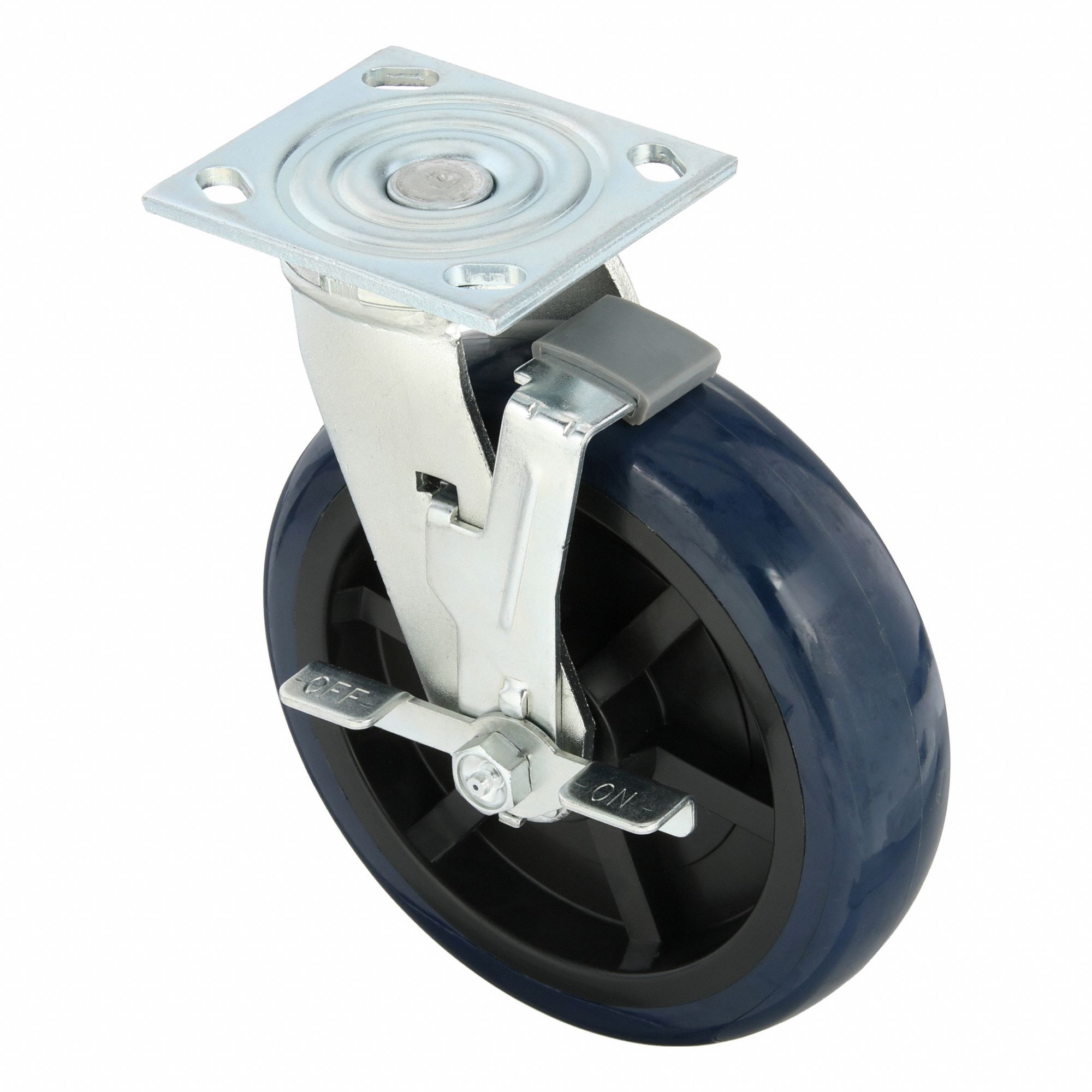 Plate Caster: Swivel, Side Brake, Polyurethane, 8 in Wheel Dia, 2 in Wheel Wd, Slot, Roller