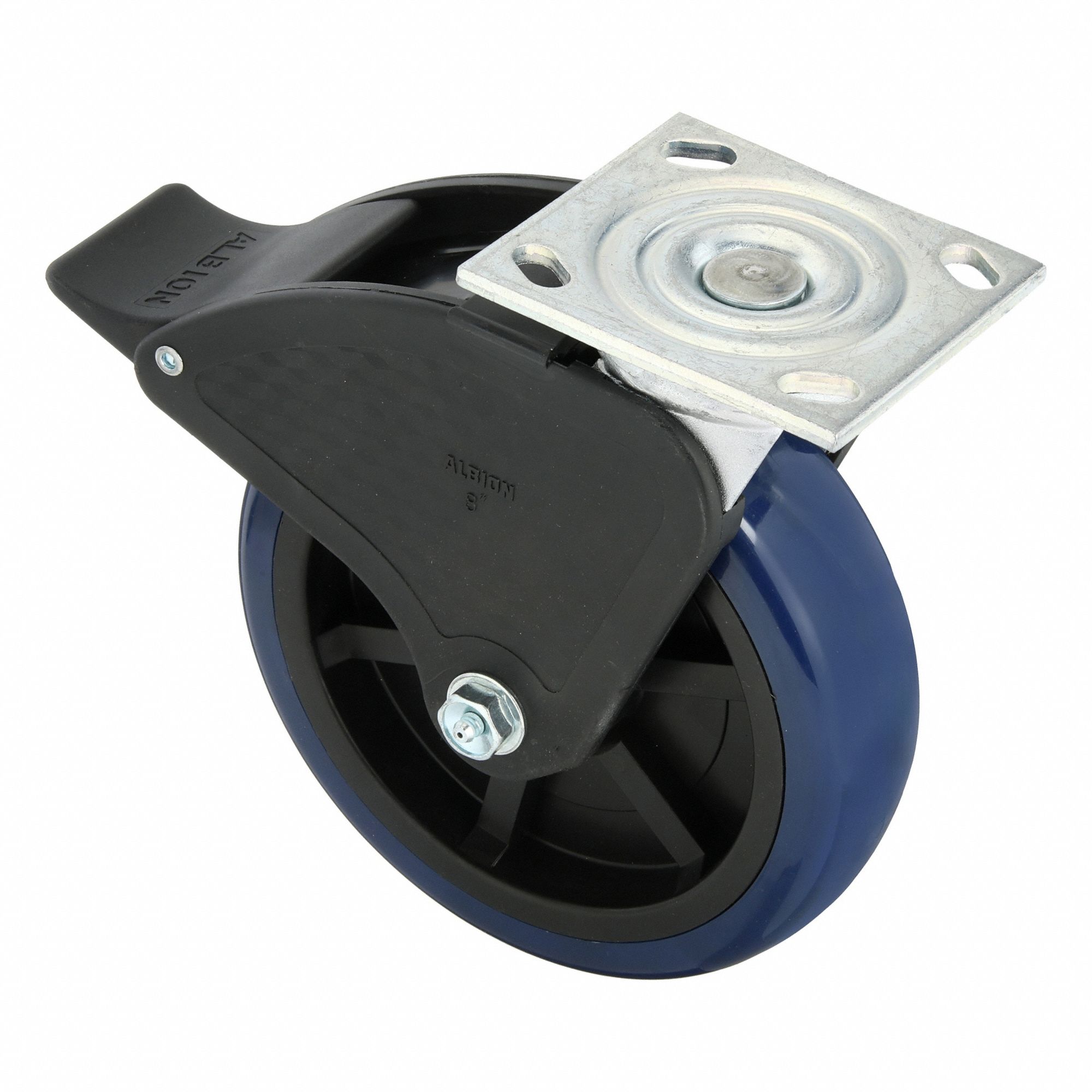 Plate Caster: Swivel, Total Lock, Polyurethane, 8 in Wheel Dia, 2 in Wheel Wd, Slot, Roller