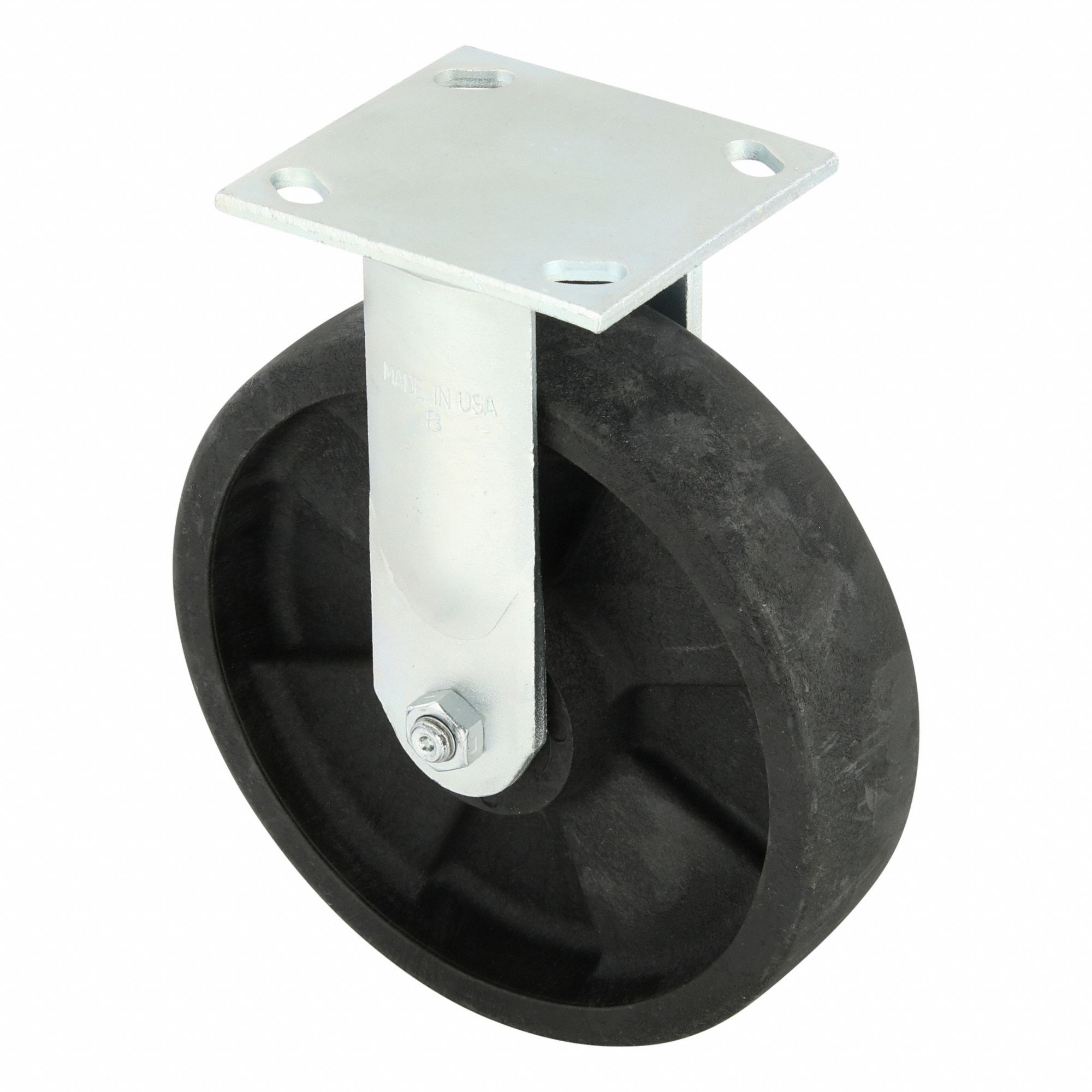 Plate Caster: Rigid, No Brake, Nylon, 8 in Wheel Dia, 2 in Wheel Wd, 9 1/2 in Mounting Ht