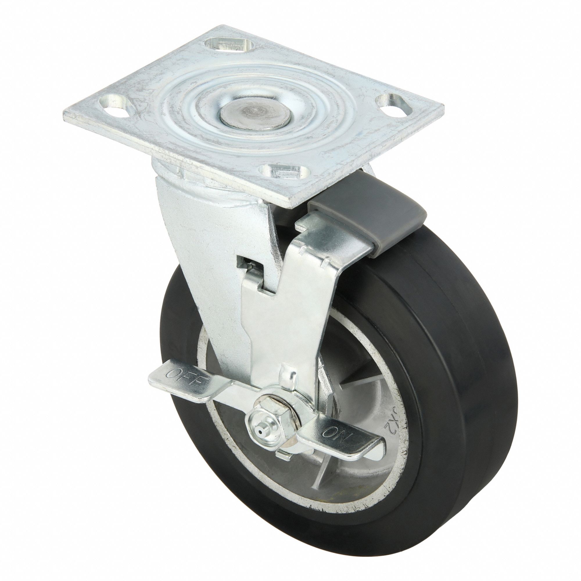 Plate Caster: Swivel, Side Brake, Rubber, 6 in Wheel Dia, 2 in Wheel Wd, 7 1/4 in Mounting Ht