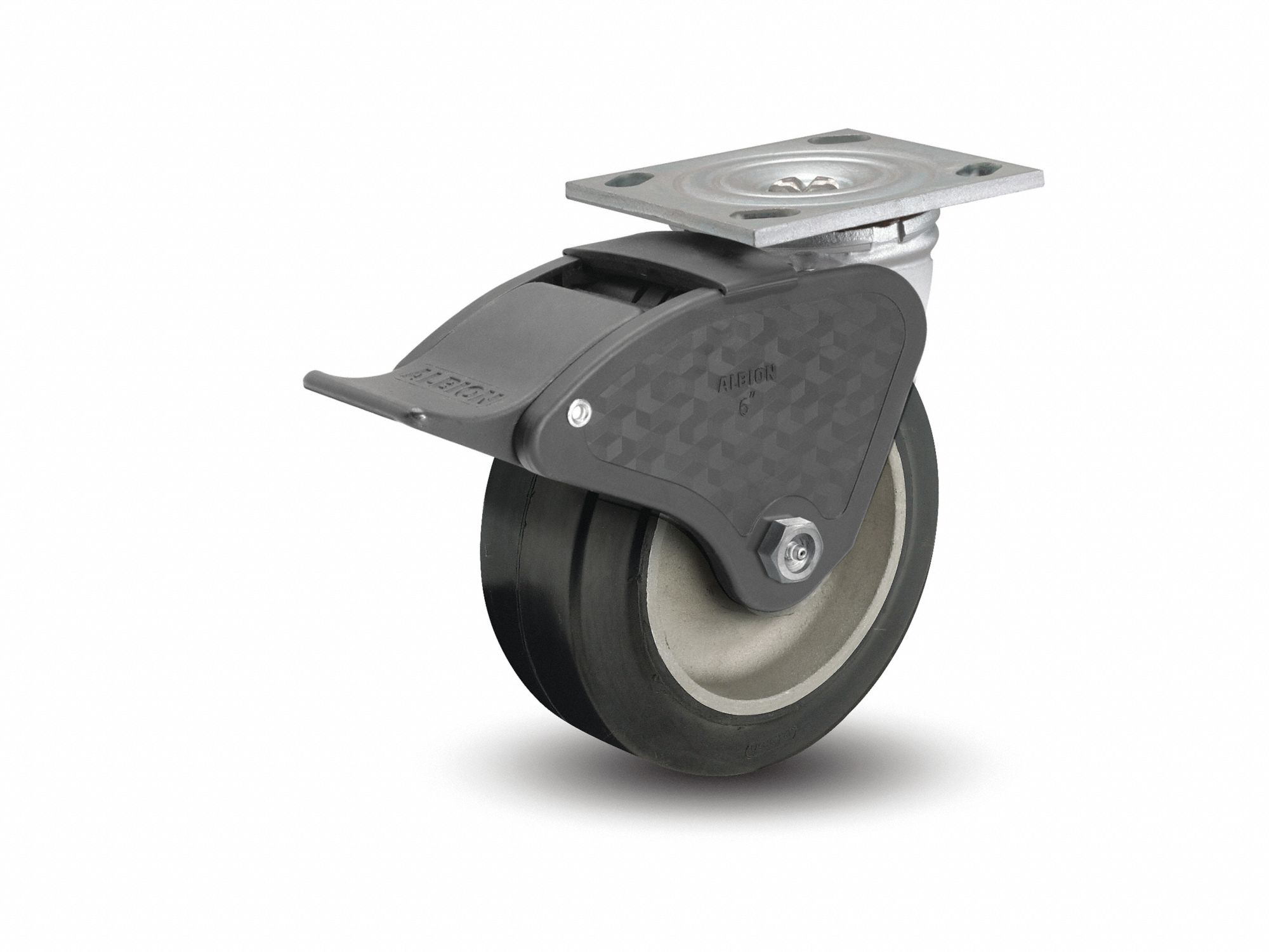 Plate Caster: Swivel, Total Lock, Rubber, 8 in Wheel Dia, 2 in Wheel Wd, 9 1/2 in Mounting Ht