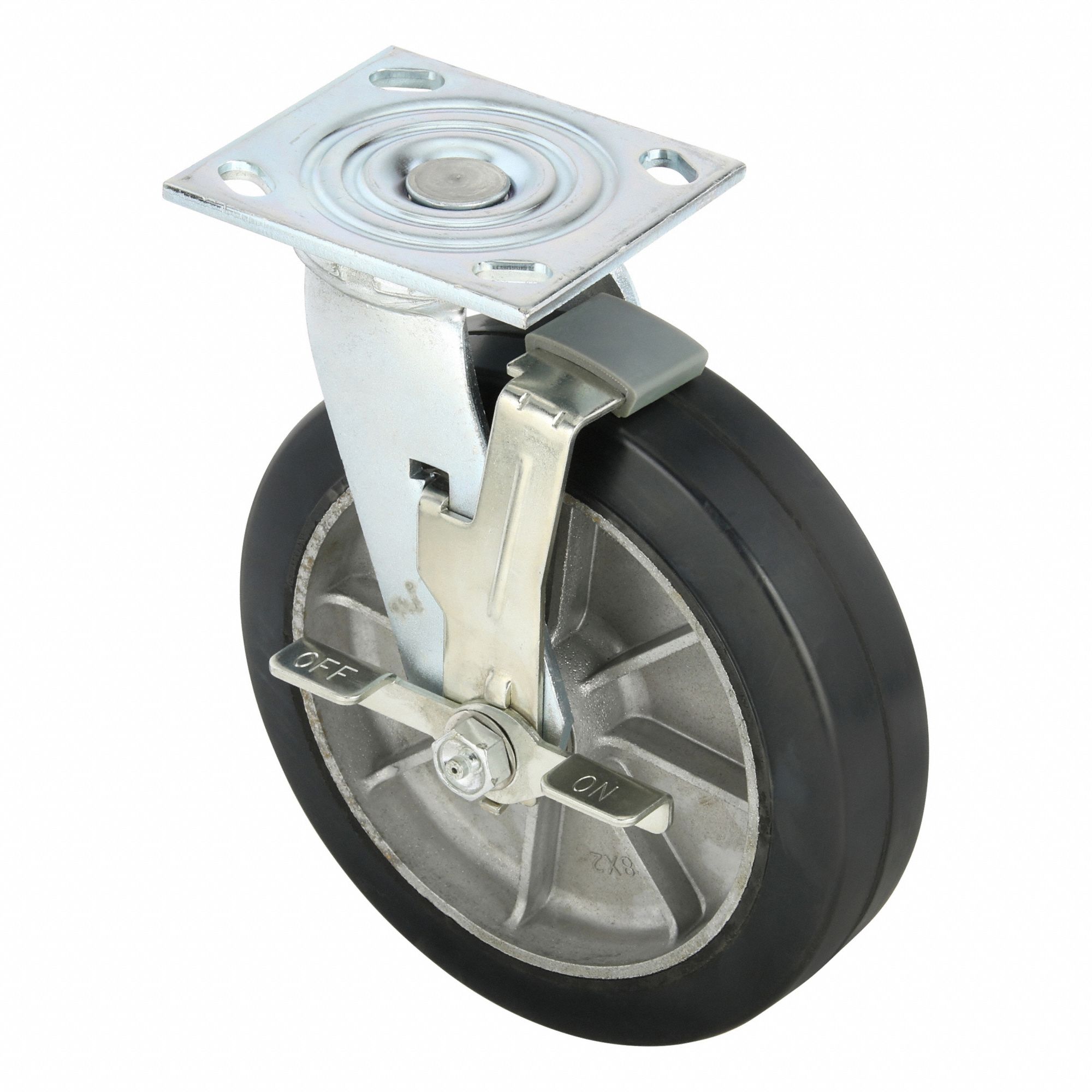 Plate Caster: Swivel, Side Brake, Rubber, 8 in Wheel Dia, 2 in Wheel Wd, 9 1/2 in Mounting Ht