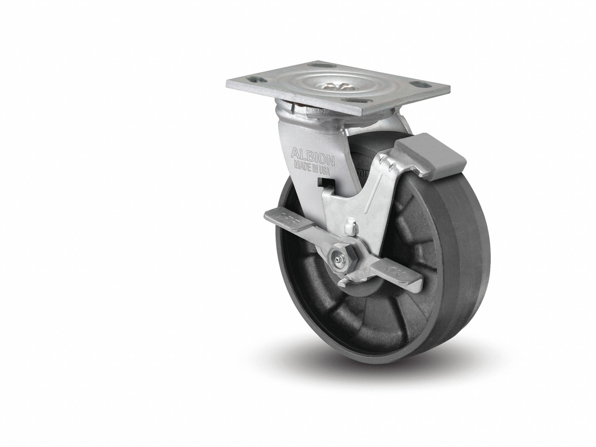 Plate Caster: Swivel, Side Brake, Nylon, 4 in Wheel Dia, 2 in Wheel Wd, 5 5/8 in Mounting Ht