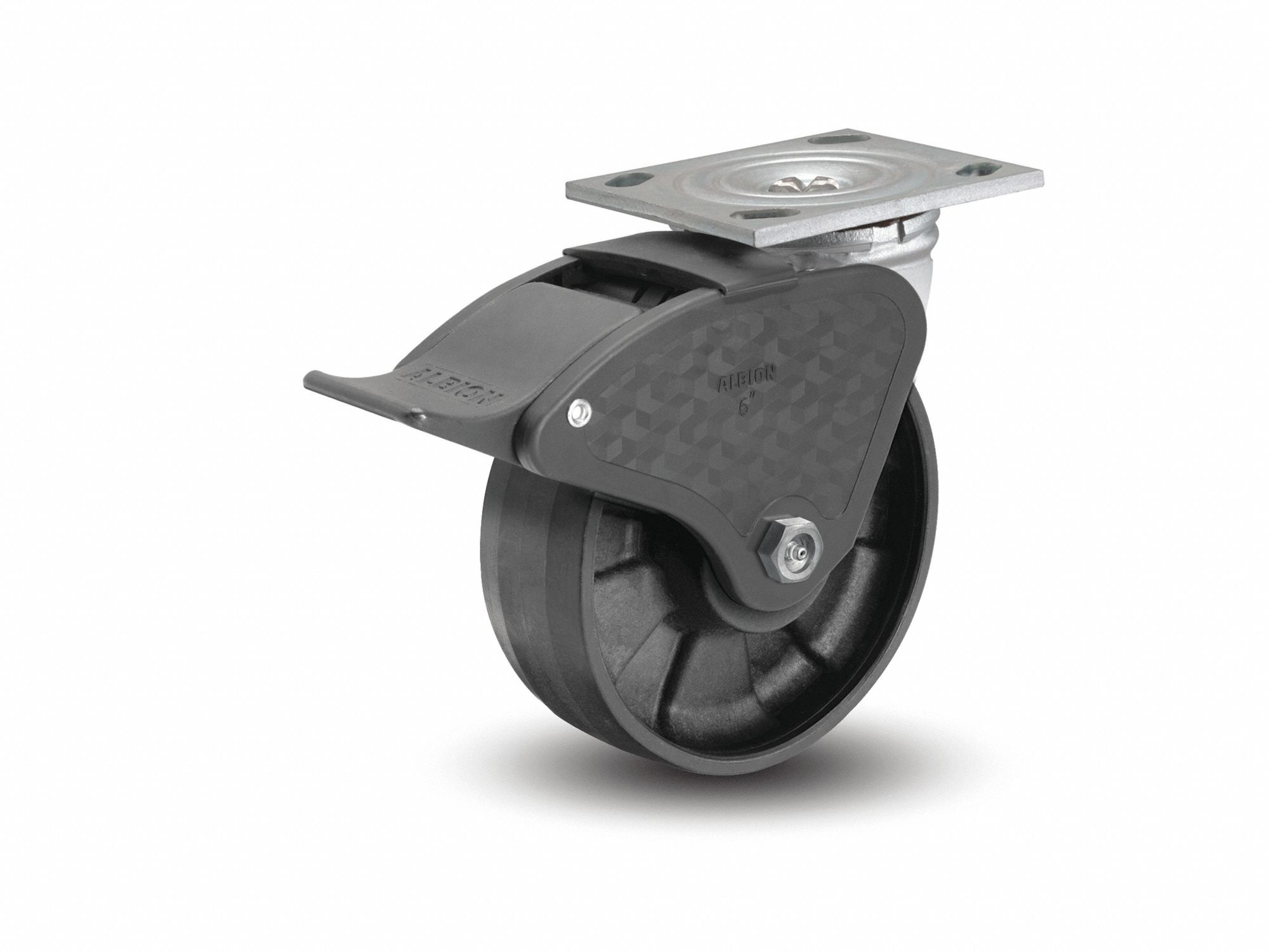 Plate Caster: Swivel, Total Lock, Nylon, 4 in Wheel Dia, 2 in Wheel Wd, 5 5/8 in Mounting Ht