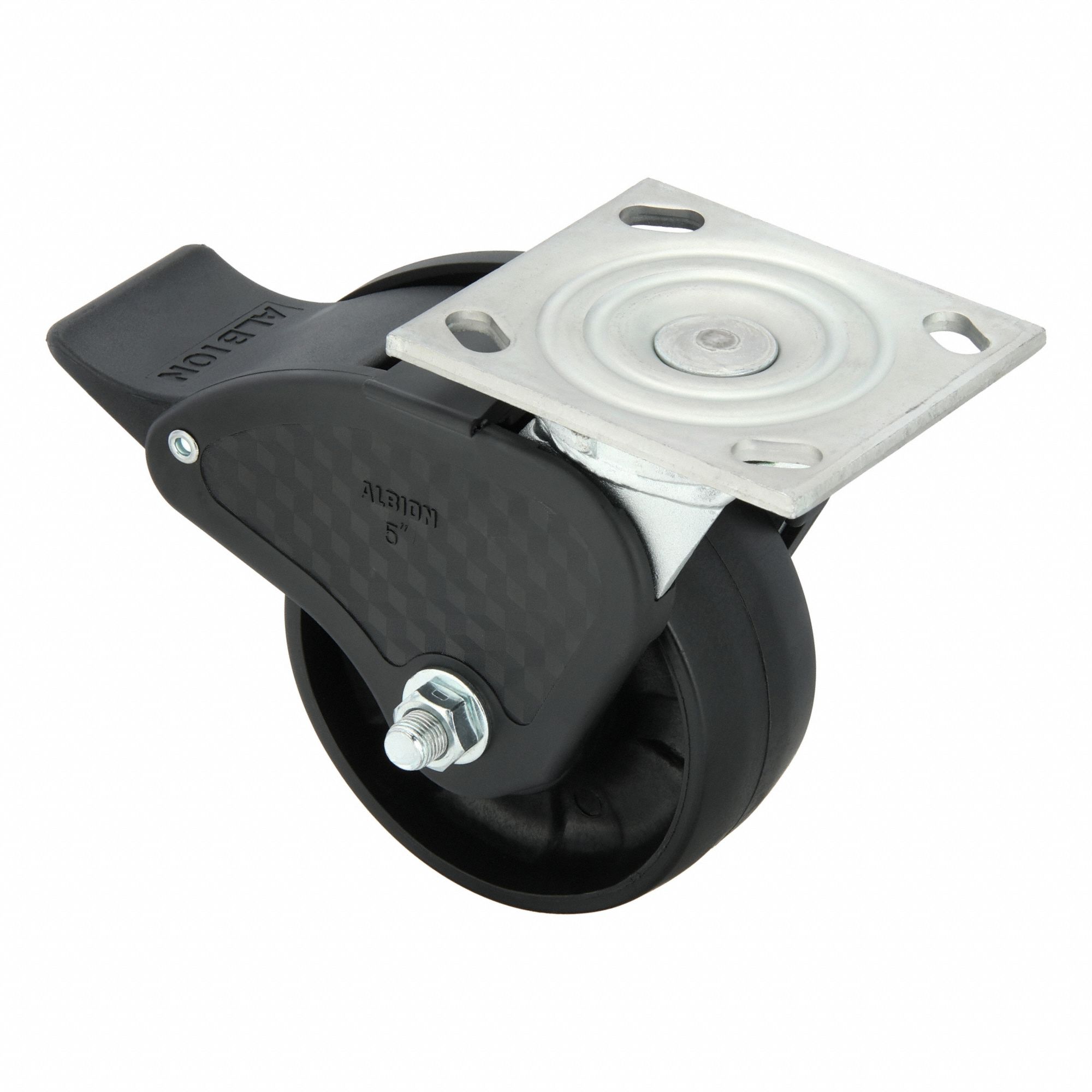 Plate Caster: Swivel, Total Lock, Nylon, 5 in Wheel Dia, 2 in Wheel Wd, 6 1/2 in Mounting Ht