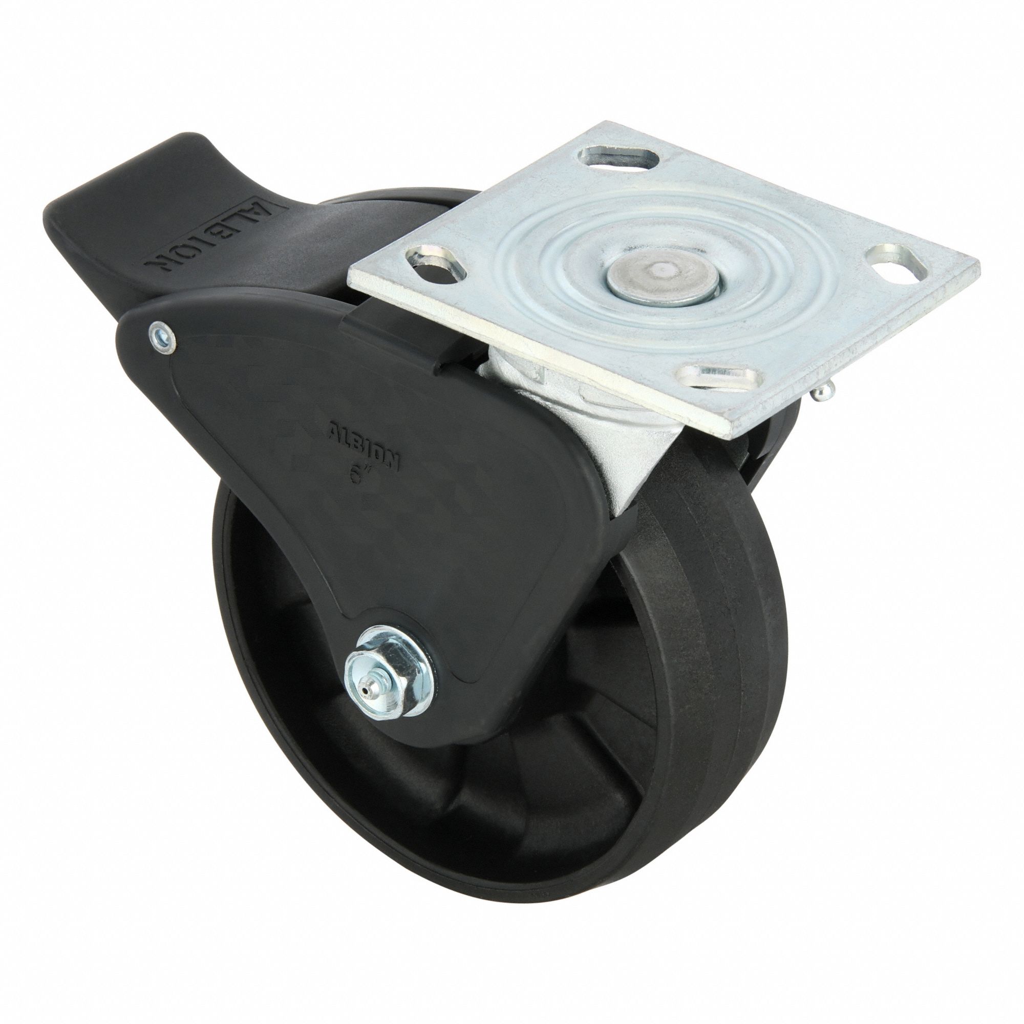 Plate Caster: Swivel, Total Lock, Nylon, 6 in Wheel Dia, 2 in Wheel Wd, 7 1/4 in Mounting Ht