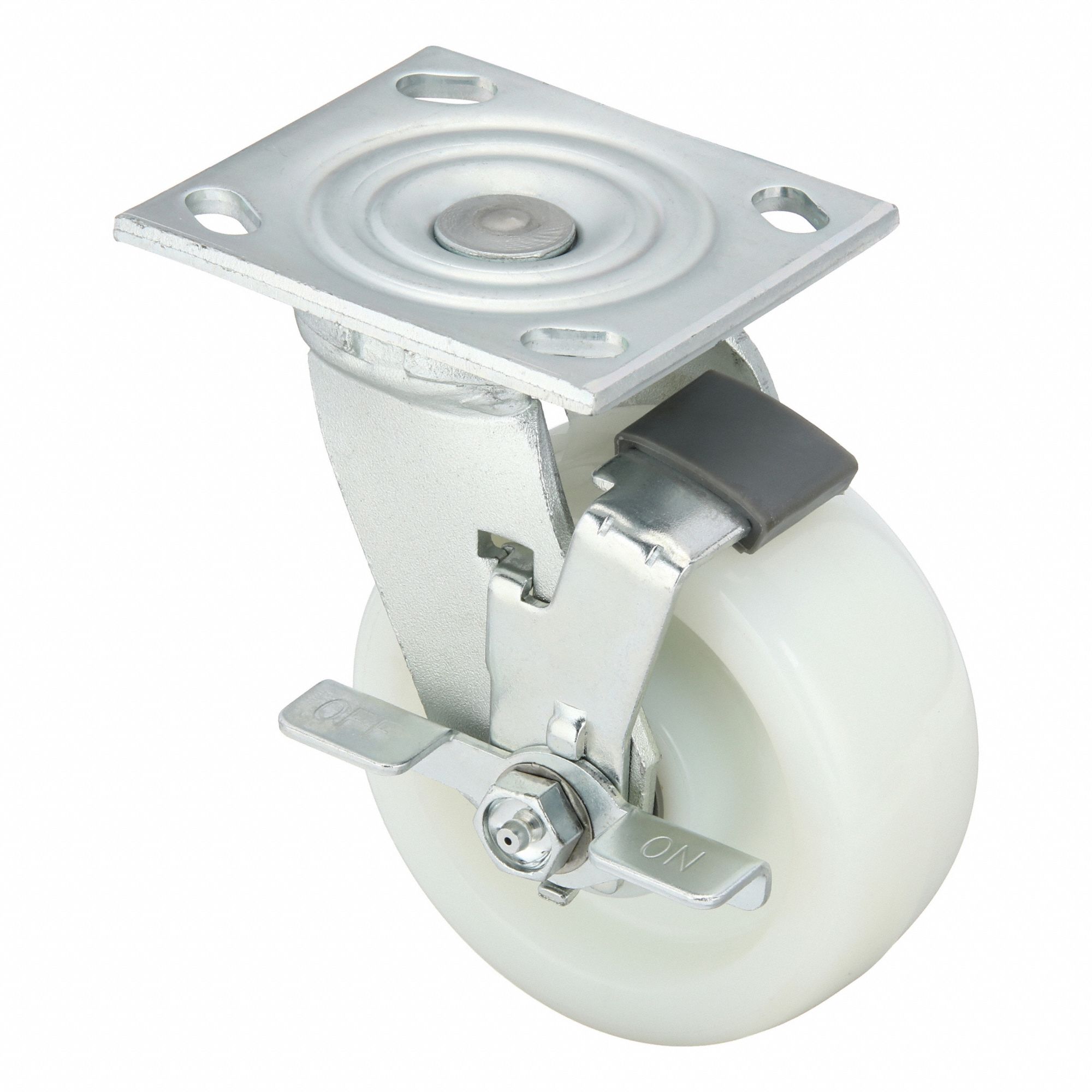 Plate Caster: Swivel, Side Brake, Nylon, 5 in Wheel Dia, 2 in Wheel Wd, 6 1/2 in Mounting Ht