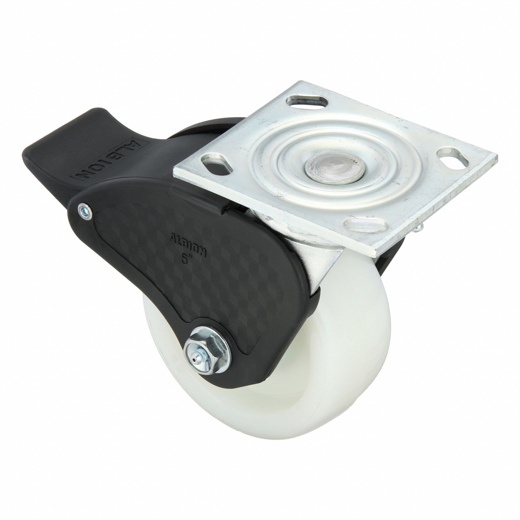Plate Caster: Swivel, Total Lock, Nylon, 5 in Wheel Dia, 2 in Wheel Wd, 6 1/2 in Mounting Ht